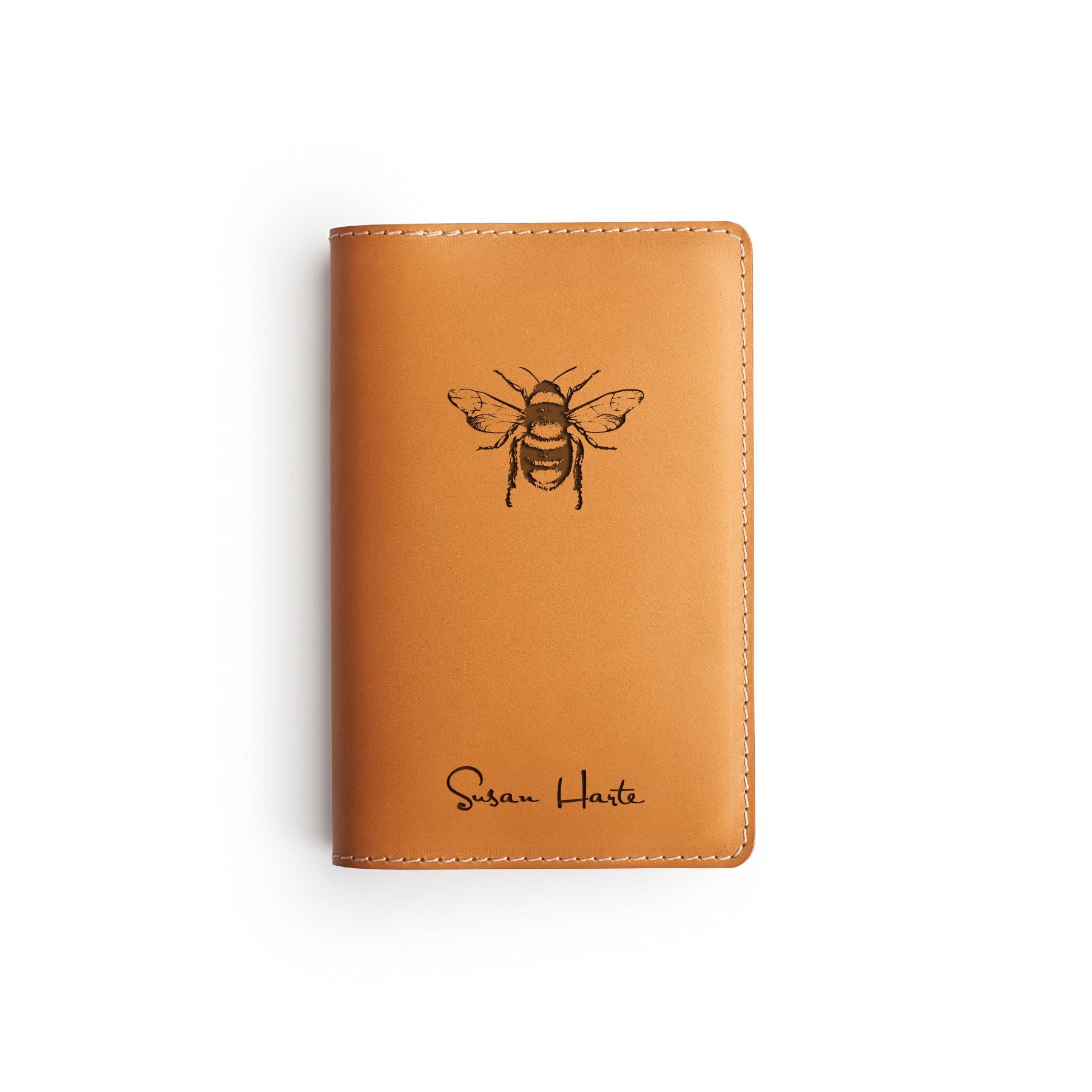 Tan full-grain leather A6 notebook, flat lay — personalised — CarveOn, made in Ireland#Color_Hidden