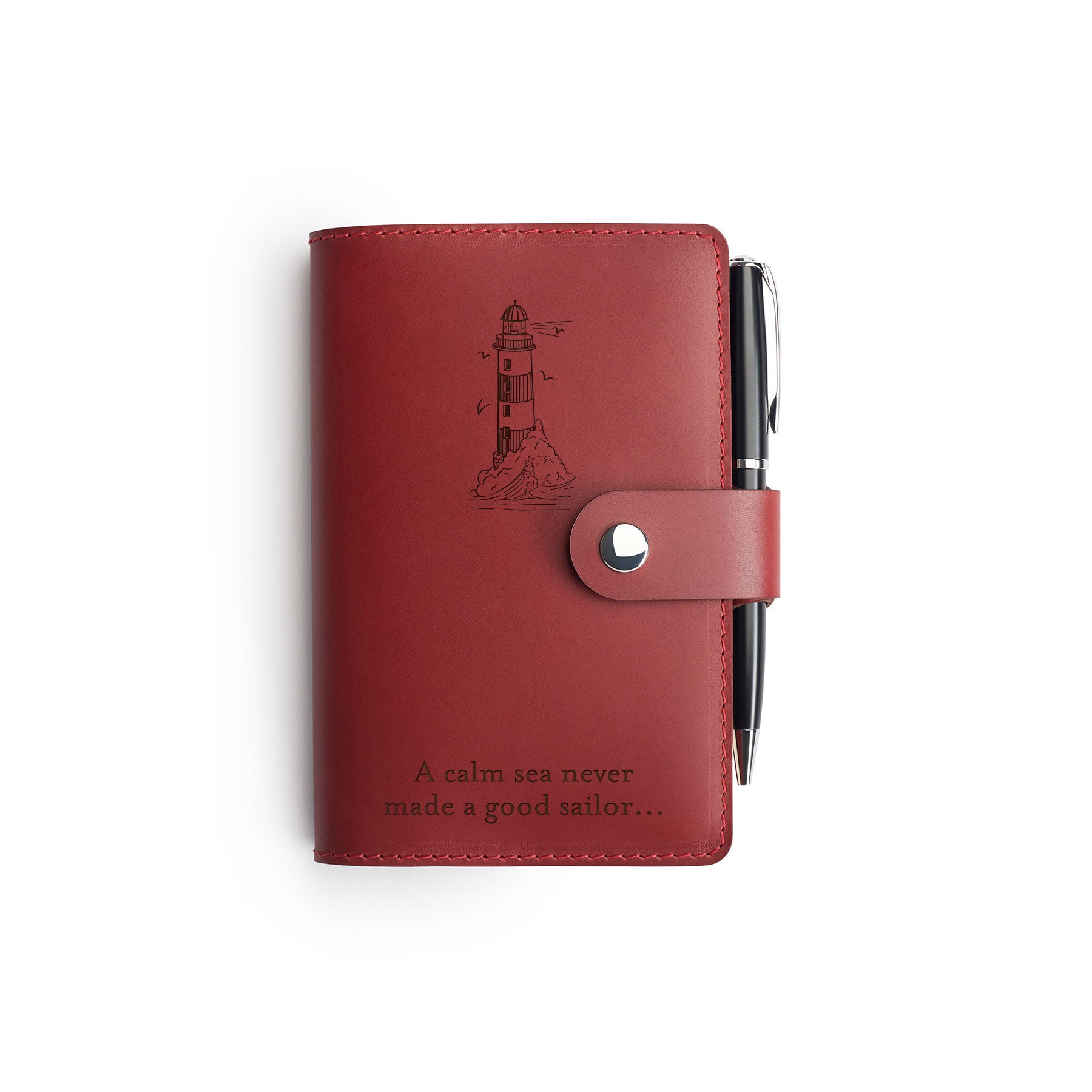Full-grain leather a6 notebook and pen set, flat lay — personalised with debossed initials — CarveOn, made in Ireland#Color_Hidden