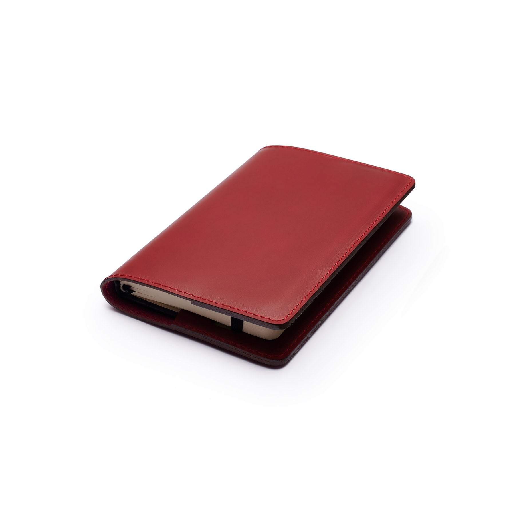 Burgundy full-grain leather A6 notebook, flat lay, angled view — personalised — CarveOn, made in Ireland#Color_Burgundy