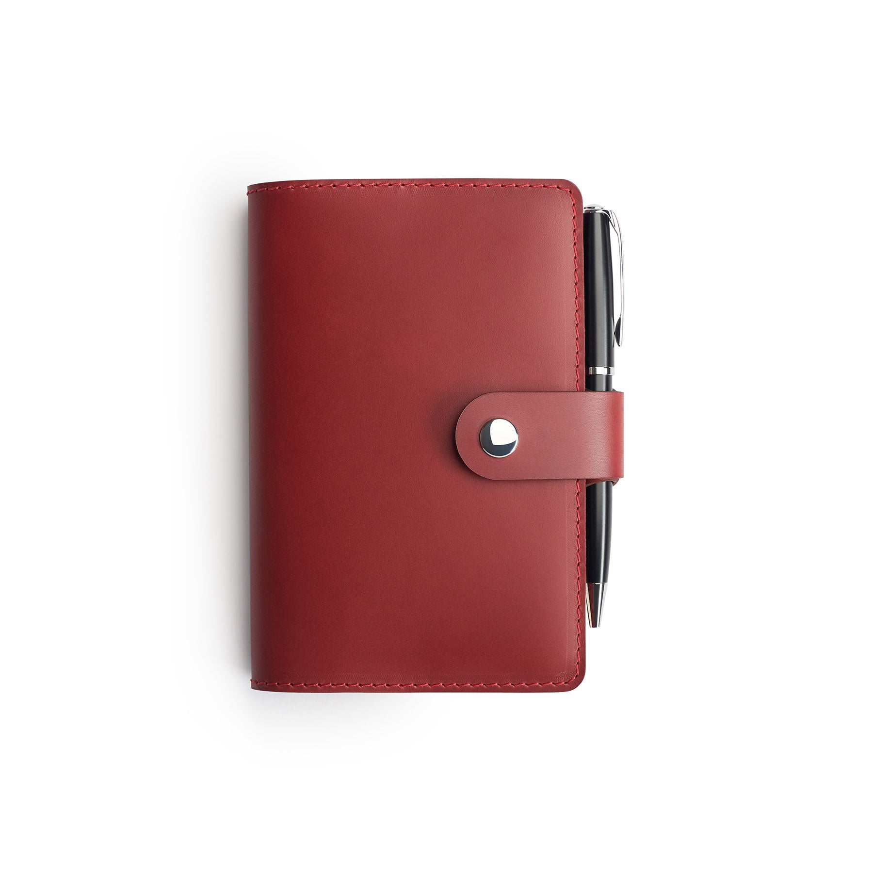 Burgundy full-grain leather A6 notebook and pen set, flat lay — personalised with debossed initials — CarveOn, made in Ire...#Color_Burgundy