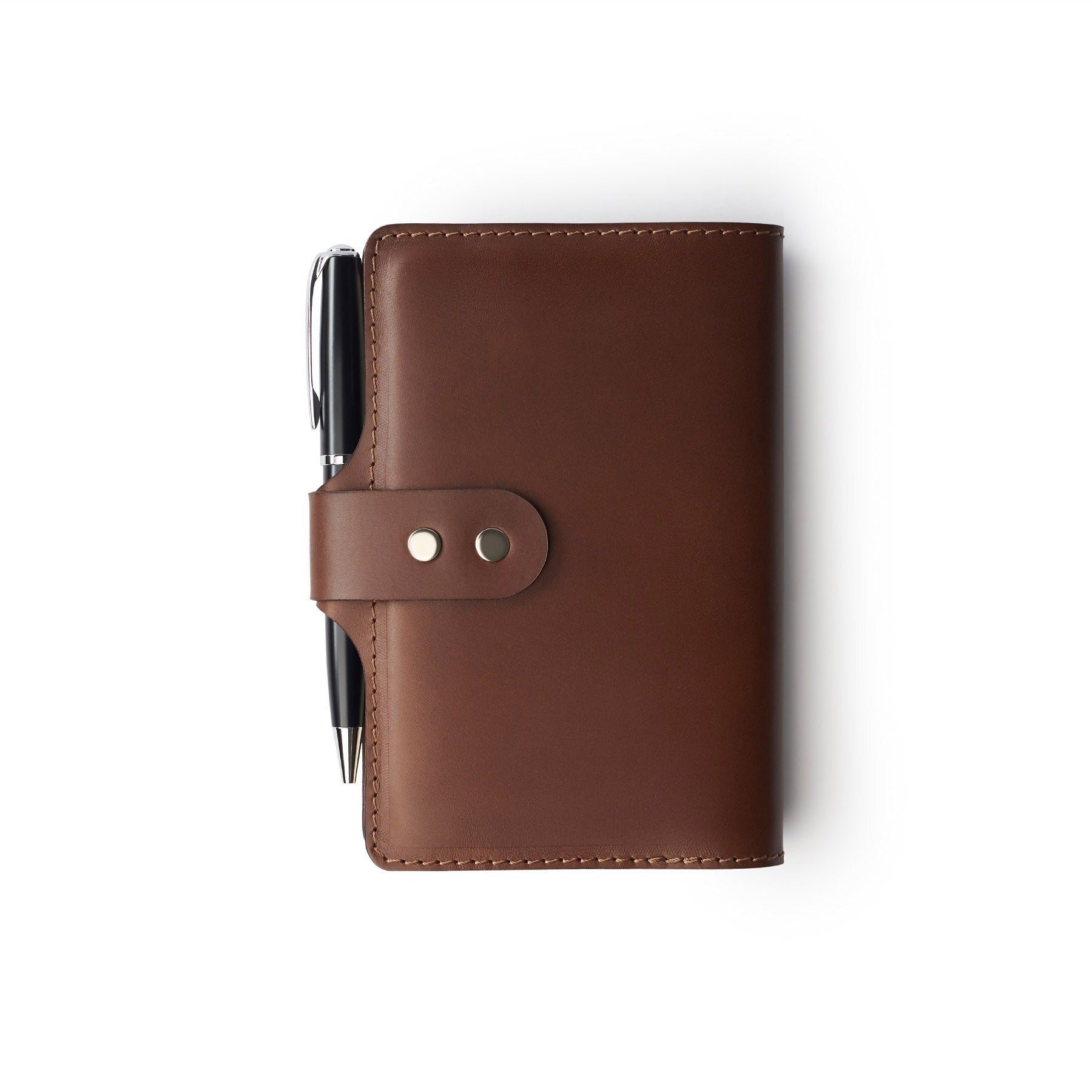Dark Brown full-grain leather A6 notebook and pen set, flat lay — personalised with debossed initials — CarveOn, made in I...#Color_Dark Brown