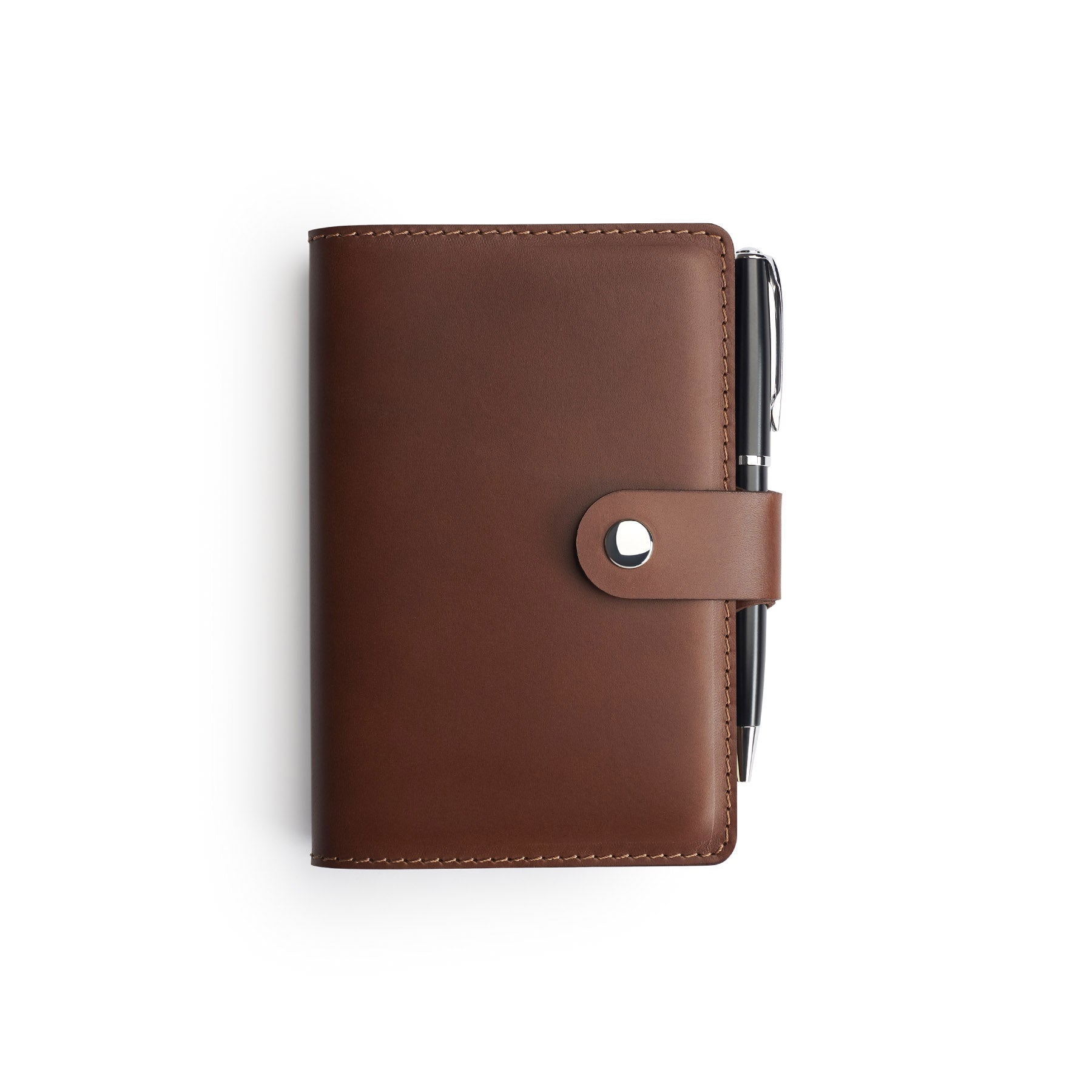 Dark Brown full-grain leather A6 notebook and pen set, flat lay — personalised with debossed initials — CarveOn, made in I...#Color_Dark Brown