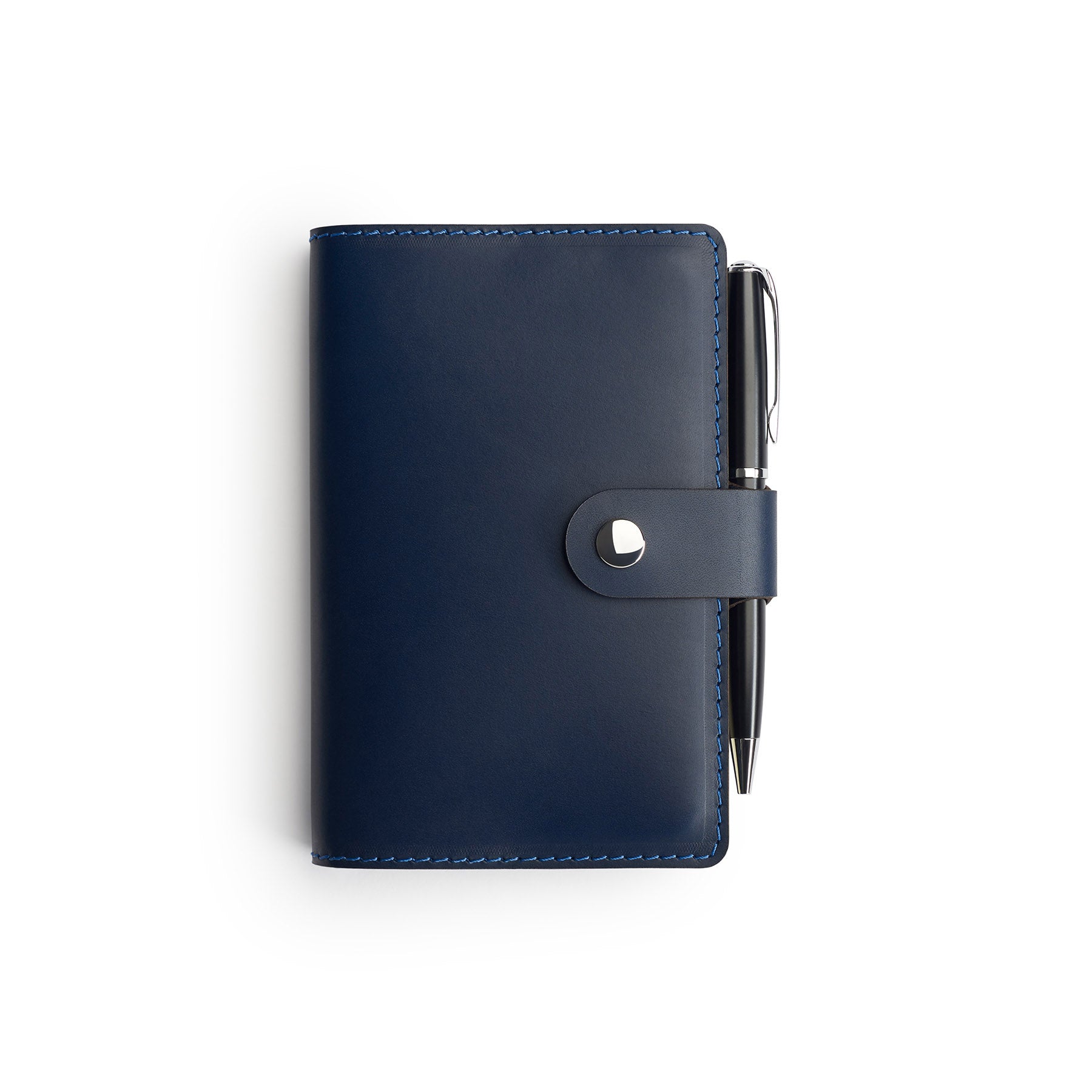Navy full-grain leather A6 notebook and pen set, flat lay — personalised with debossed initials — CarveOn, made in Ireland#Color_Navy
