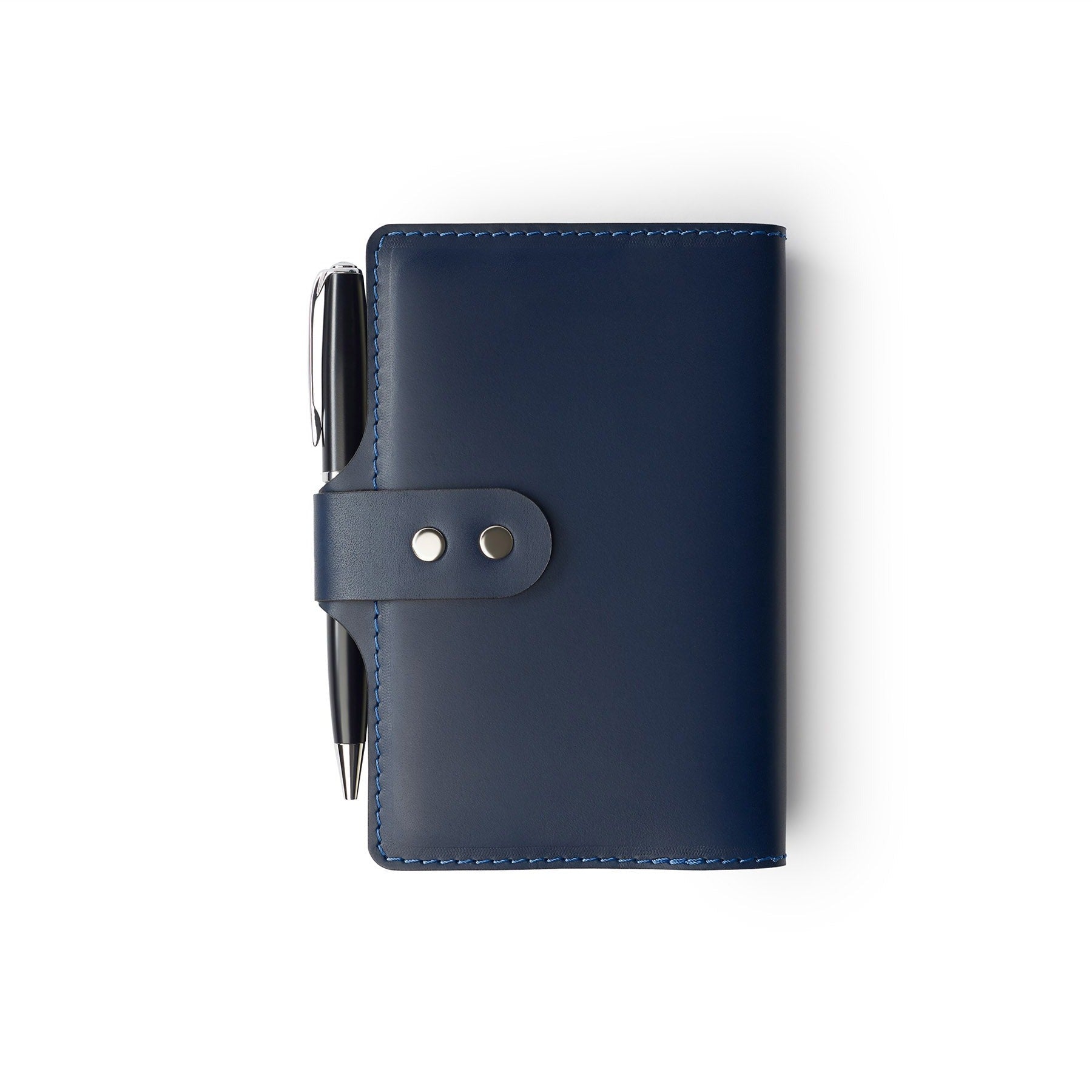 Navy full-grain leather A6 notebook and pen set, flat lay — personalised with debossed initials — CarveOn, made in Ireland#Color_Navy