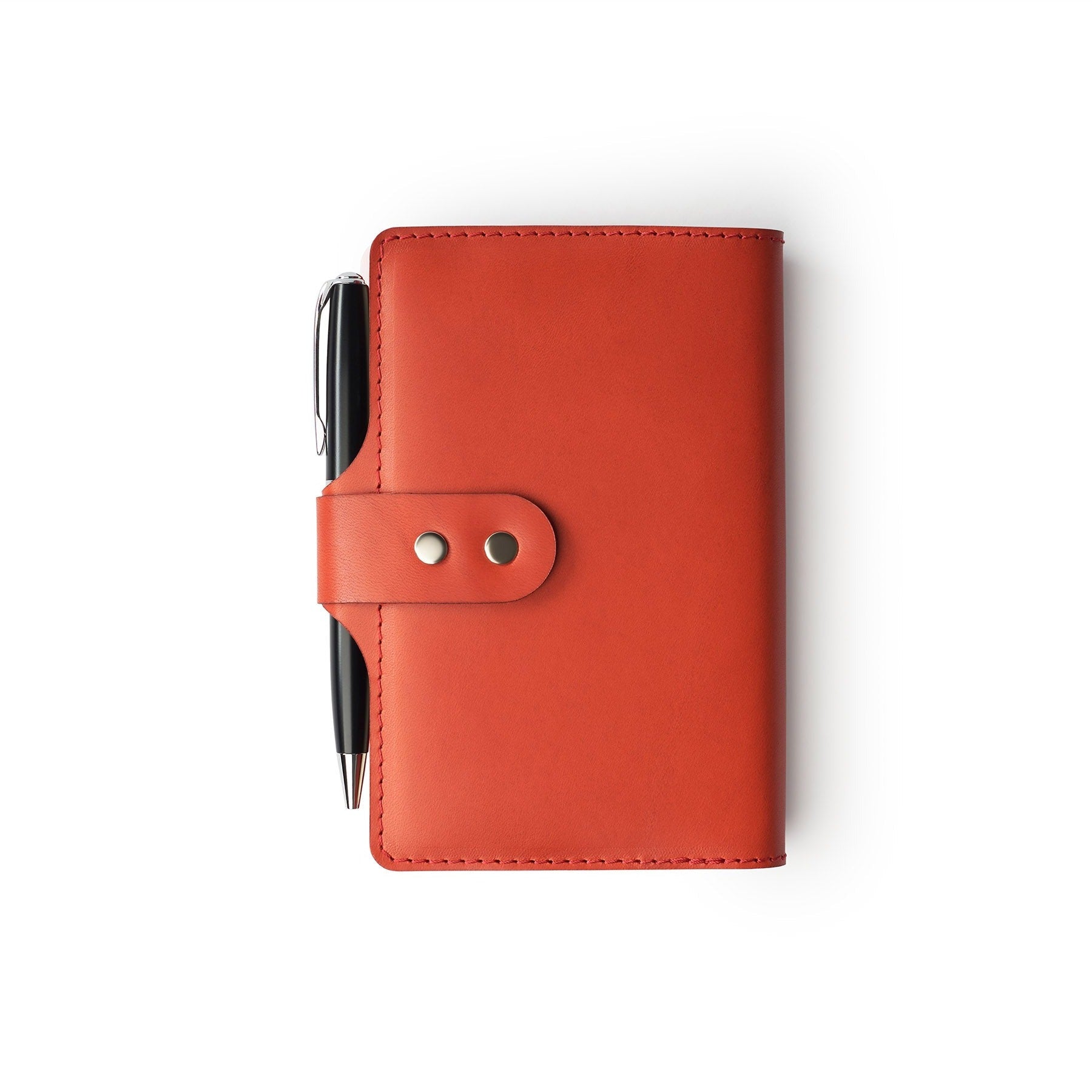 Red full-grain leather A6 notebook and pen set, flat lay — personalised with debossed initials — CarveOn, made in Ireland#Color_Red