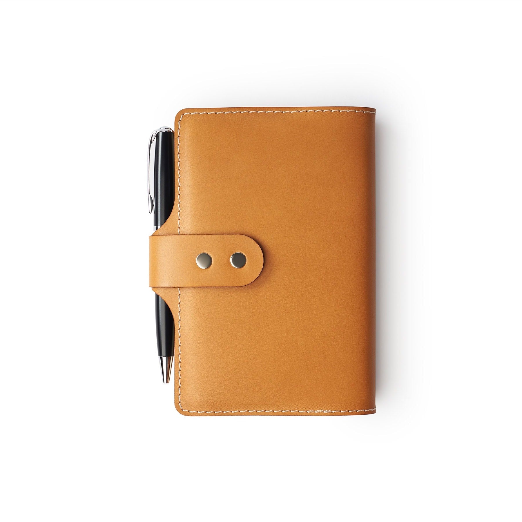 Tan full-grain leather A6 notebook and pen set, flat lay — personalised with debossed initials — CarveOn, made in Ireland#Color_Tan