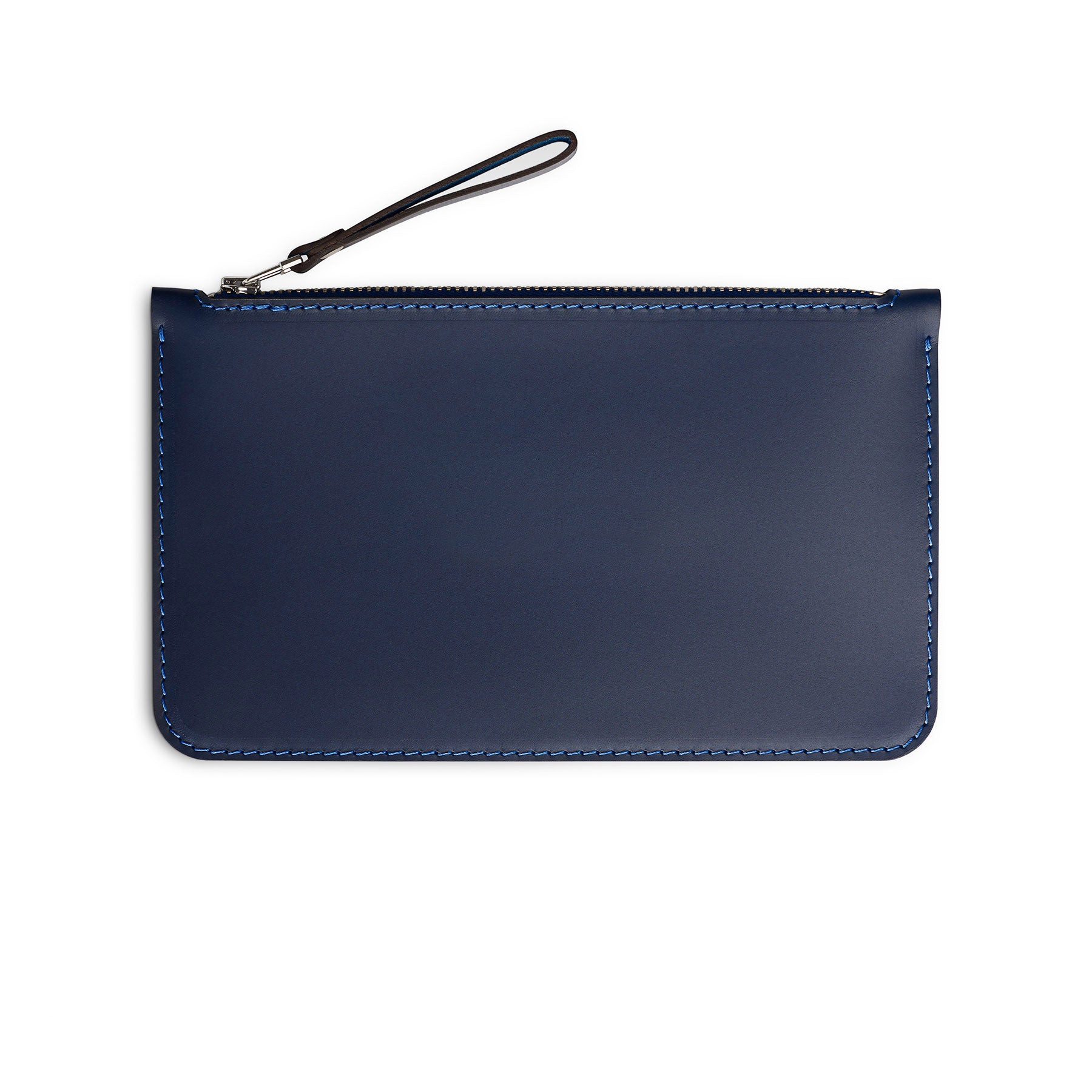 Navy full-grain leather zip pouch, flat lay — personalised — CarveOn, made in Ireland#Color_Navy