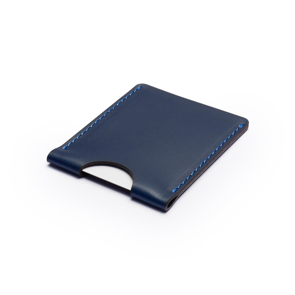 Navy full-grain leather card holder, flat lay, angled view — personalised — CarveOn, made in Ireland#Color_Navy