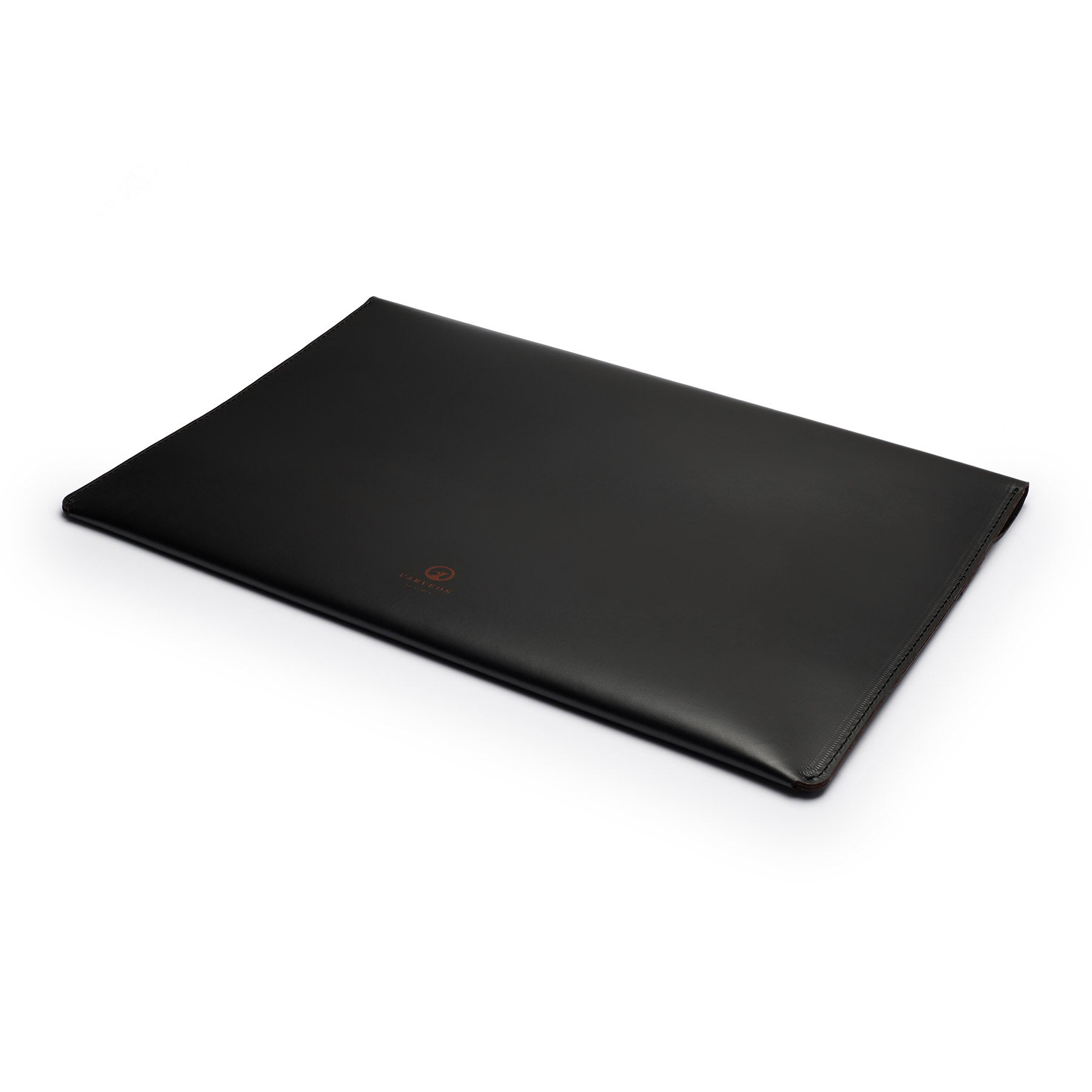 Black full-grain leather document folio, flat lay, angled view — personalised — CarveOn, made in Ireland#Color_Black