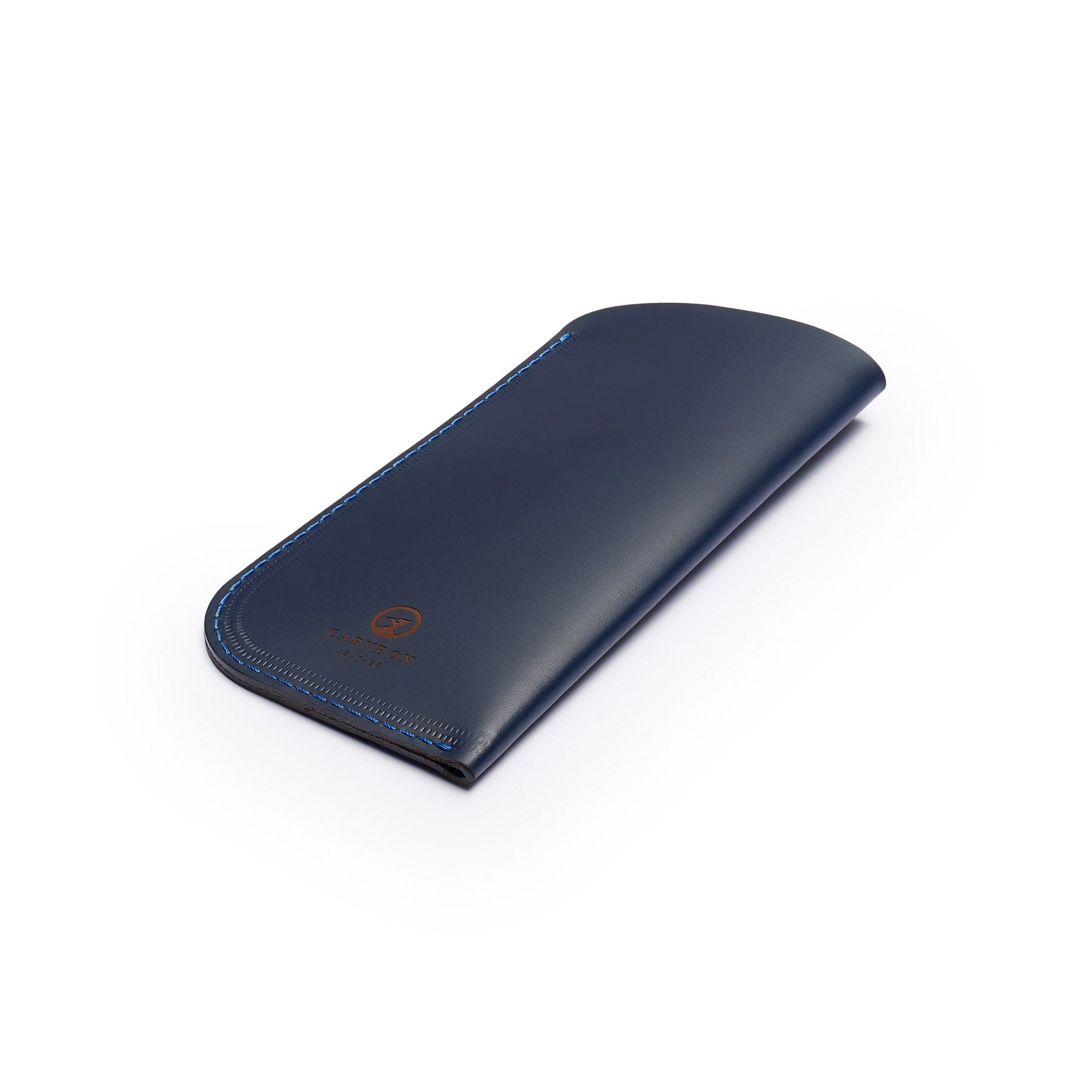 Navy full-grain leather glasses case, flat lay, angled view — personalised — CarveOn, made in Ireland#Color_Navy