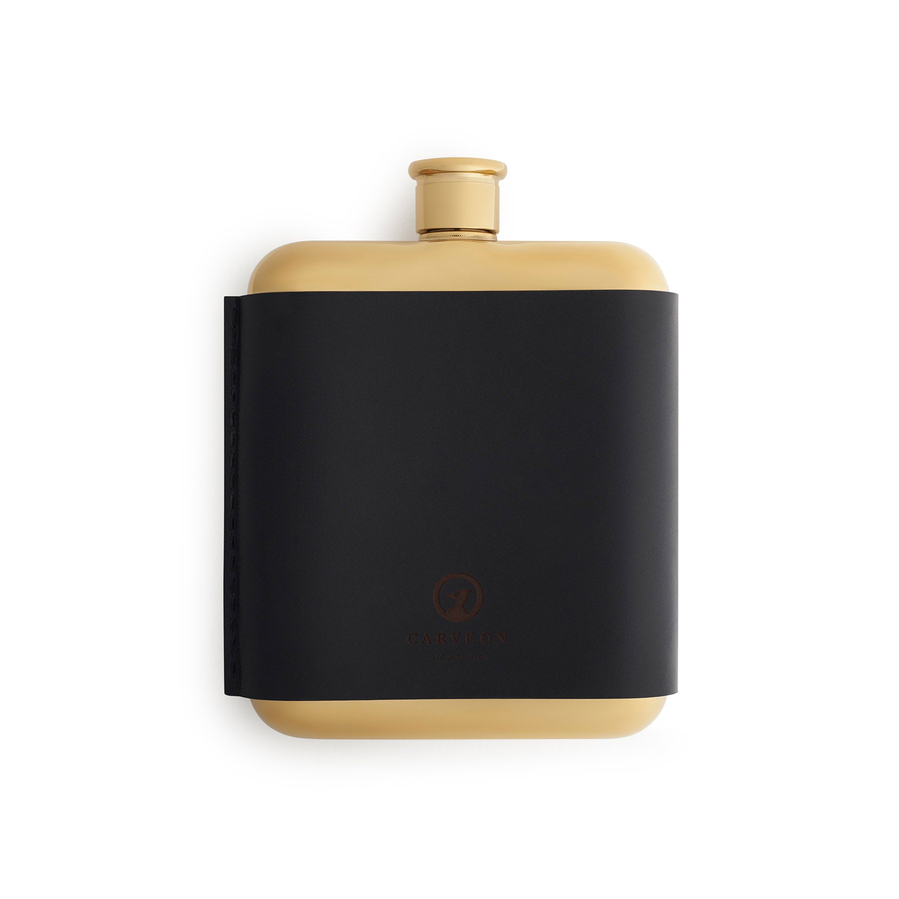 Black leather-bound hip flask, flat lay — personalised gift — CarveOn, made in Ireland#Color_Black