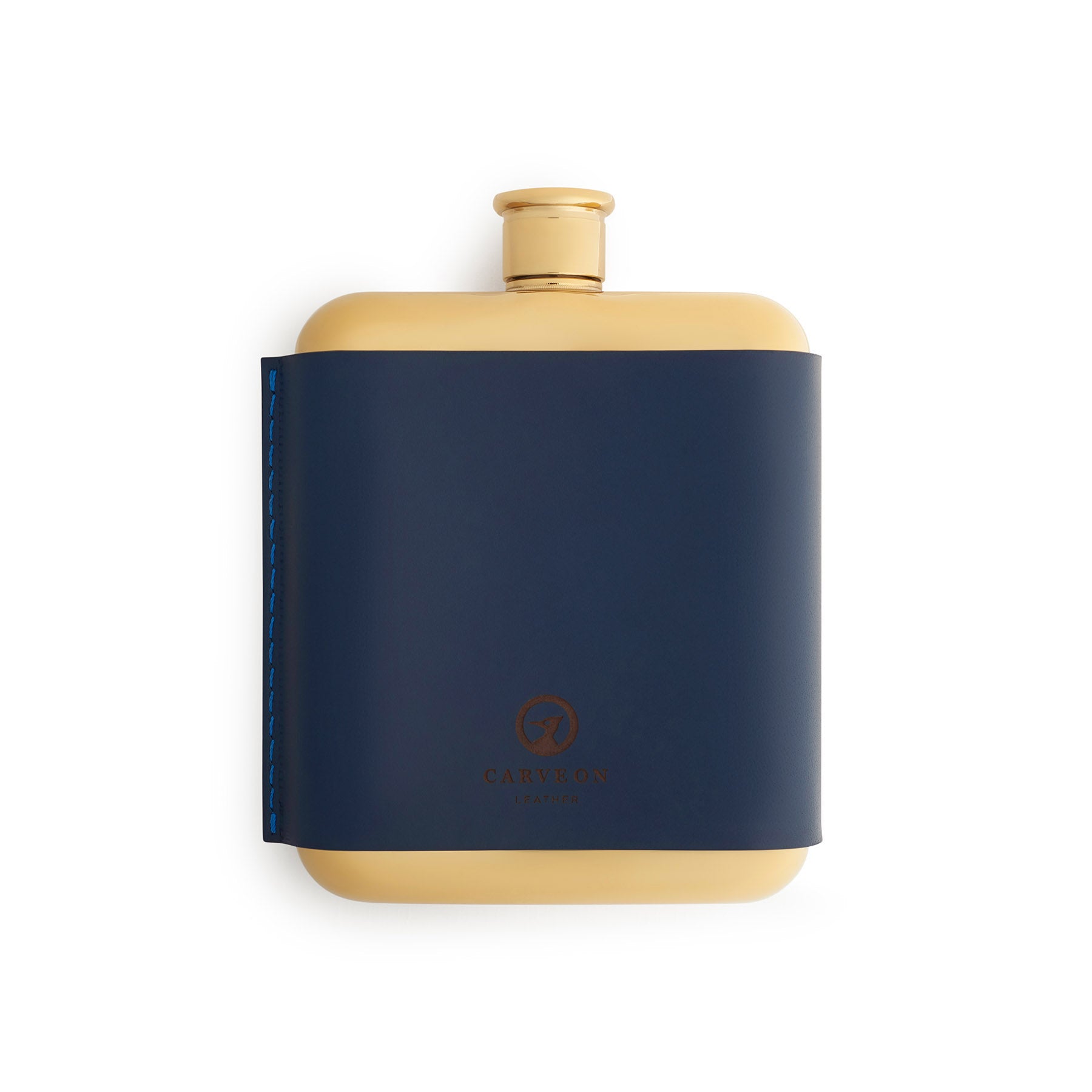 Navy leather-bound hip flask, flat lay — personalised gift — CarveOn, made in Ireland#Color_Navy