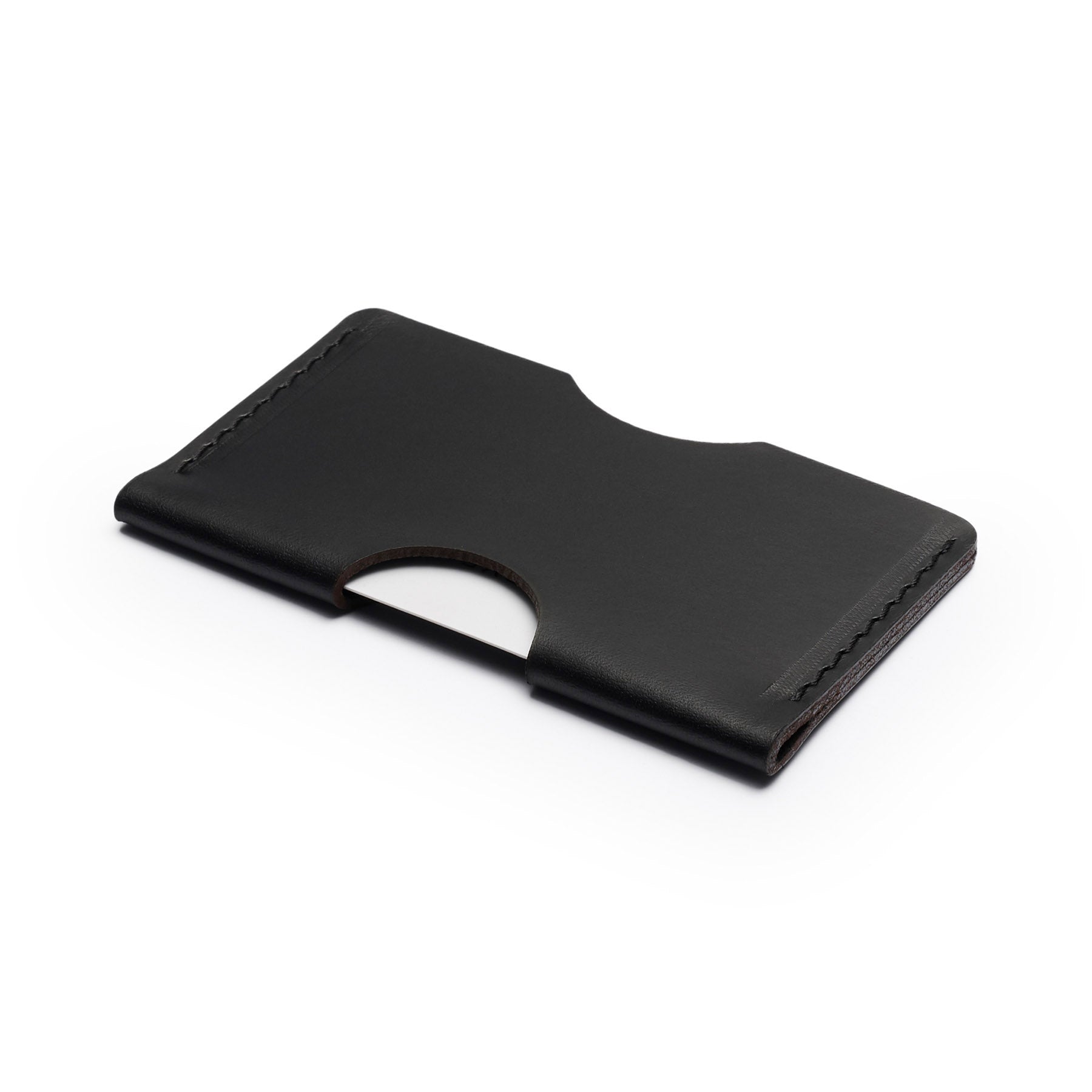 Black full-grain leather landscape card holder, flat lay, angled view — personalised — CarveOn, made in Ireland#Color_Black