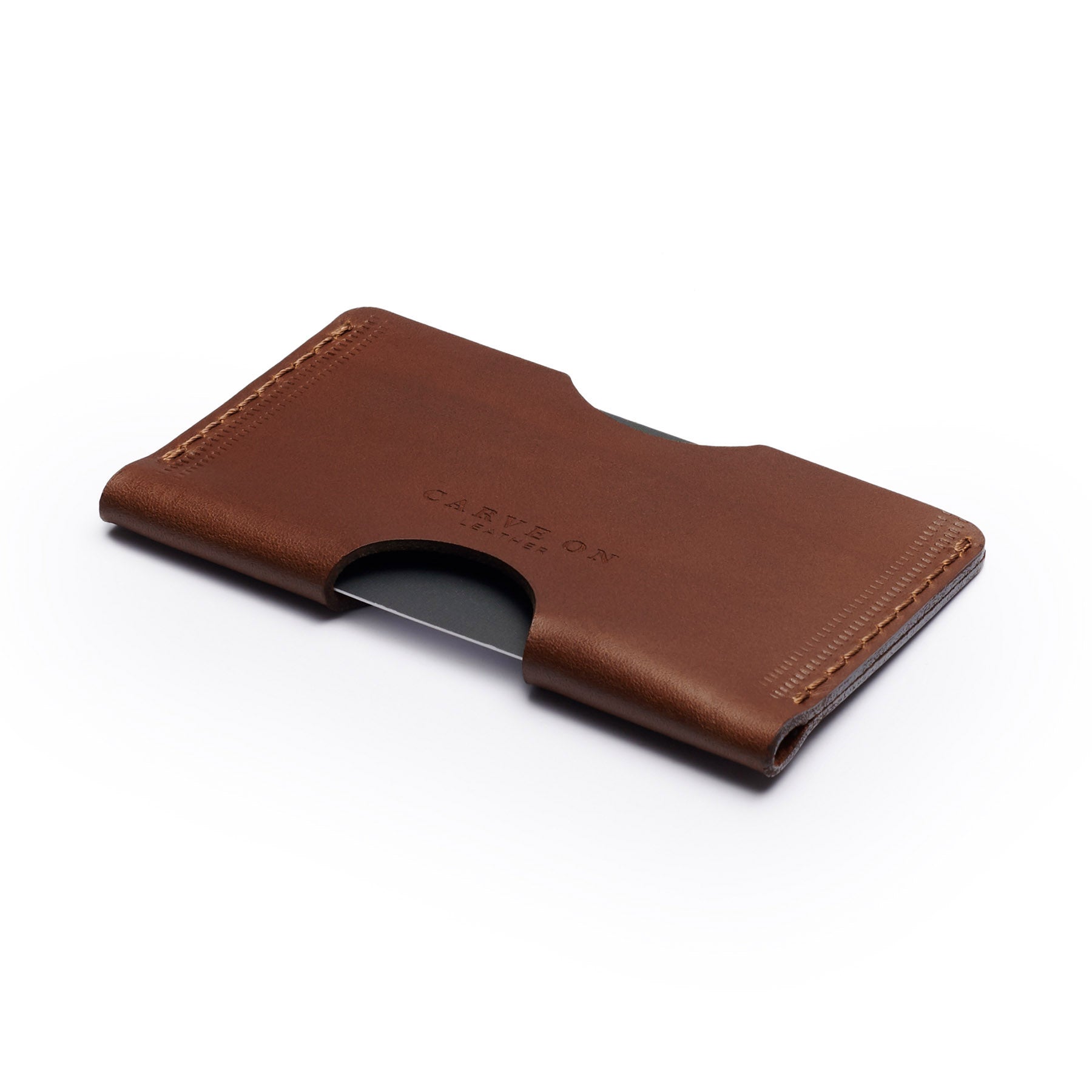 Dark Brown full-grain leather landscape card holder, flat lay, angled view — personalised — CarveOn, made in Ireland#Color_Dark Brown