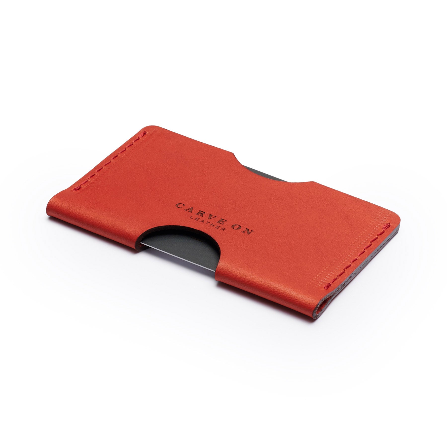 Red full-grain leather landscape card holder, flat lay, angled view — personalised — CarveOn, made in Ireland#Color_Red