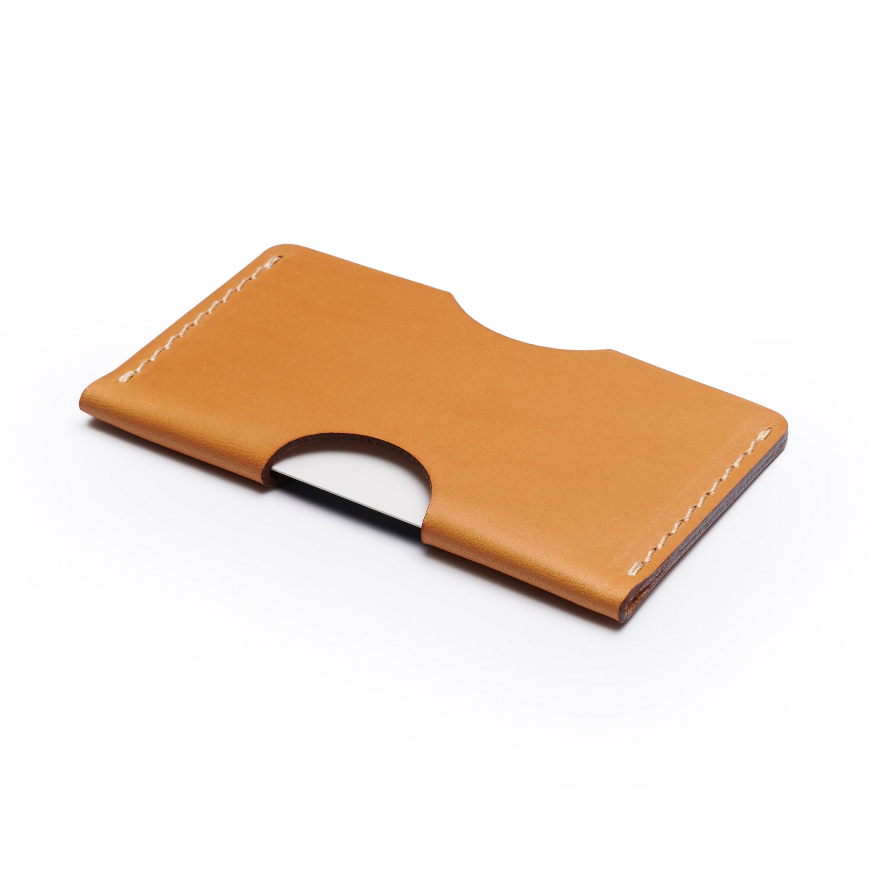 Tan full-grain leather landscape card holder, flat lay, angled view — personalised — CarveOn, made in Ireland#Color_Tan