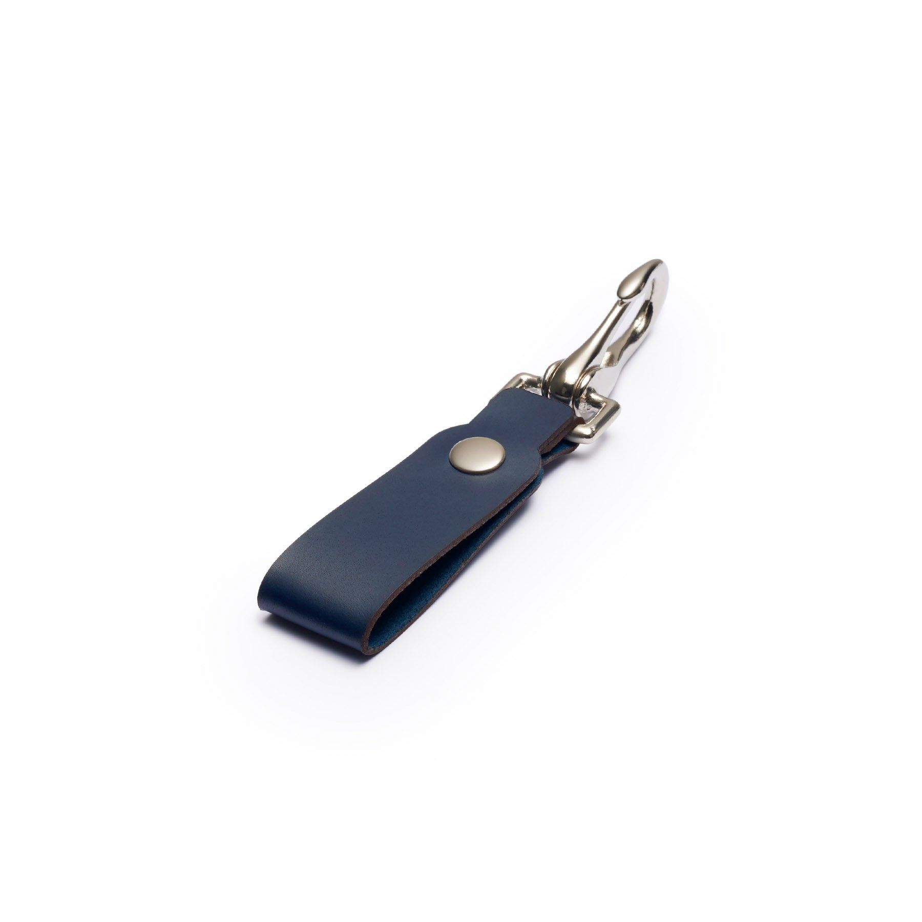 Navy full-grain leather keyring, flat lay, angled view — personalised gift — CarveOn, made in Ireland#Color_Navy