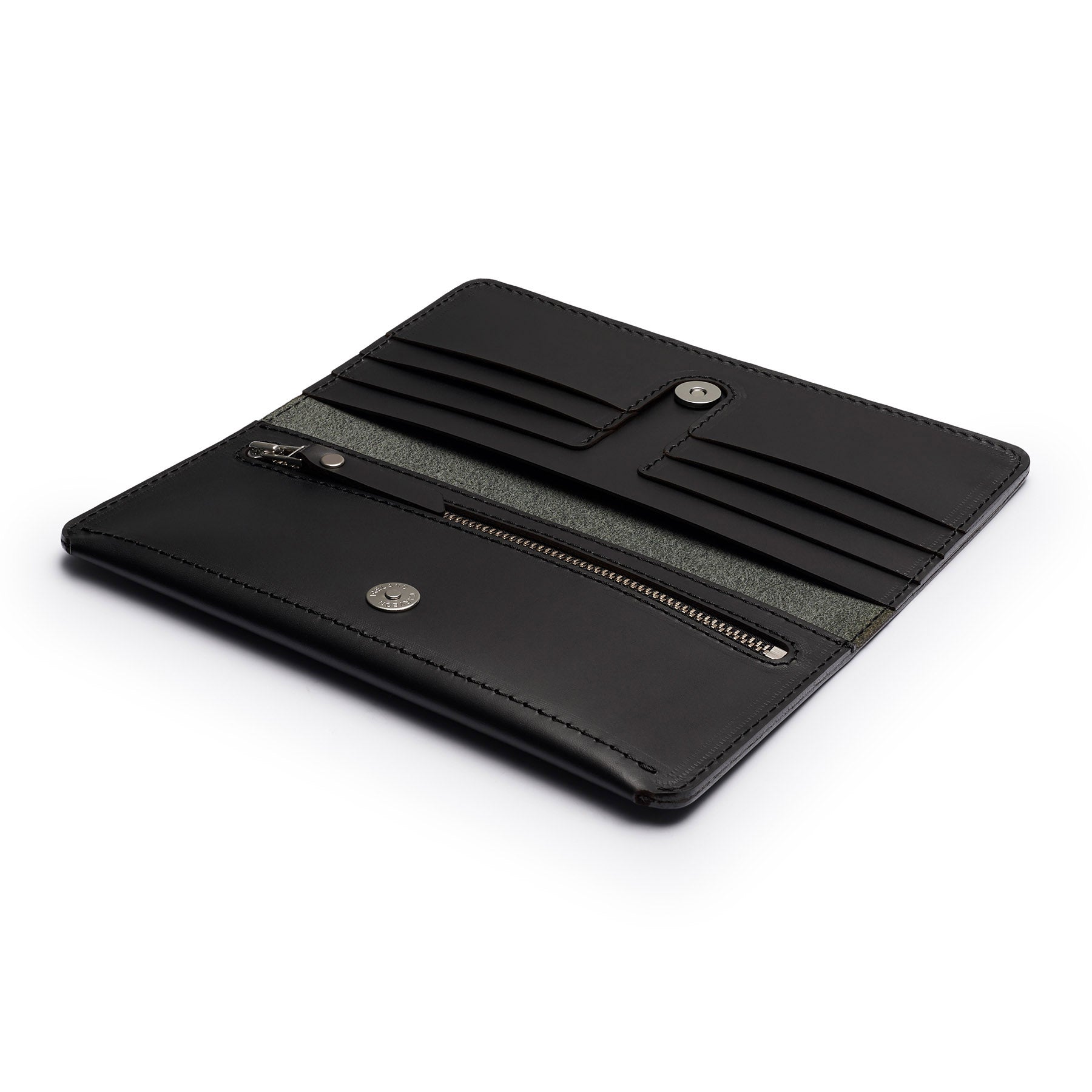 Black full-grain leather long wallet, flat lay, angled view — personalised — CarveOn, made in Ireland#Color_Black