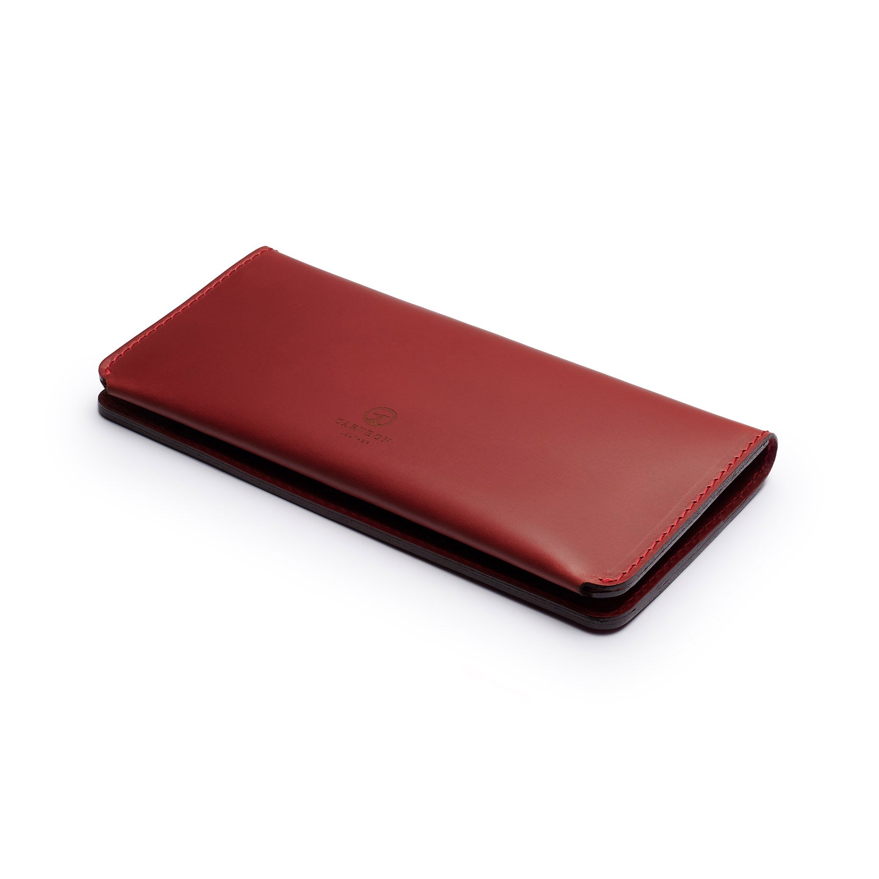 Burgundy full-grain leather long wallet, flat lay, angled view — personalised — CarveOn, made in Ireland#Color_Burgundy