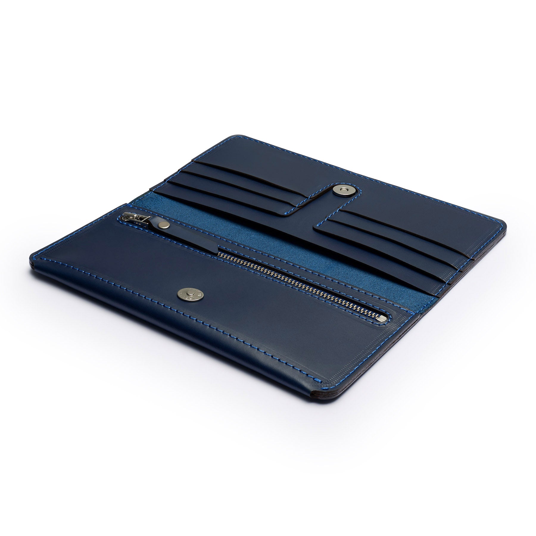 Navy full-grain leather long wallet, flat lay, angled view — personalised — CarveOn, made in Ireland#Color_Navy