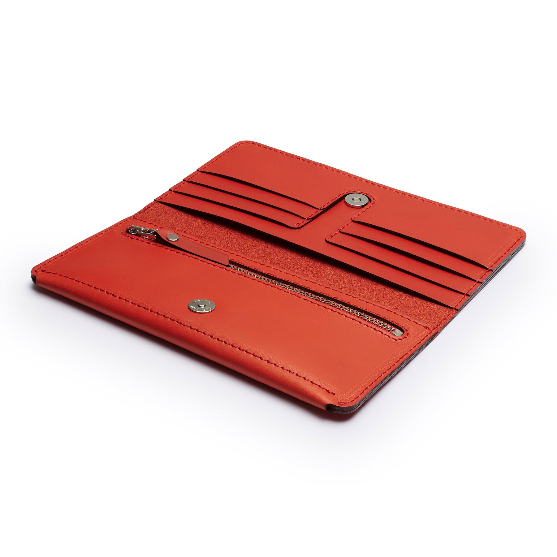 Red full-grain leather long wallet, flat lay, angled view — personalised — CarveOn, made in Ireland#Color_Red