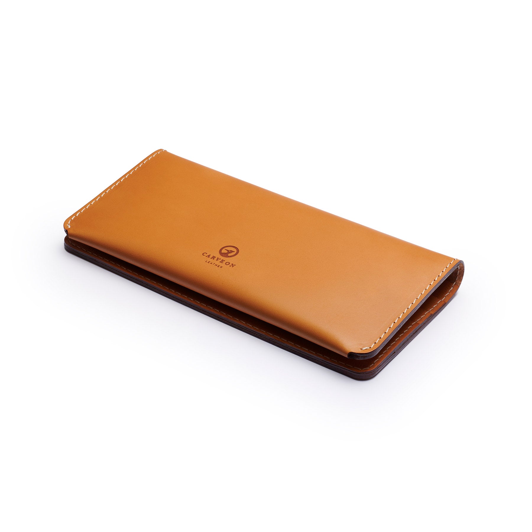 Tan full-grain leather long wallet, flat lay, angled view — personalised — CarveOn, made in Ireland#Color_Tan