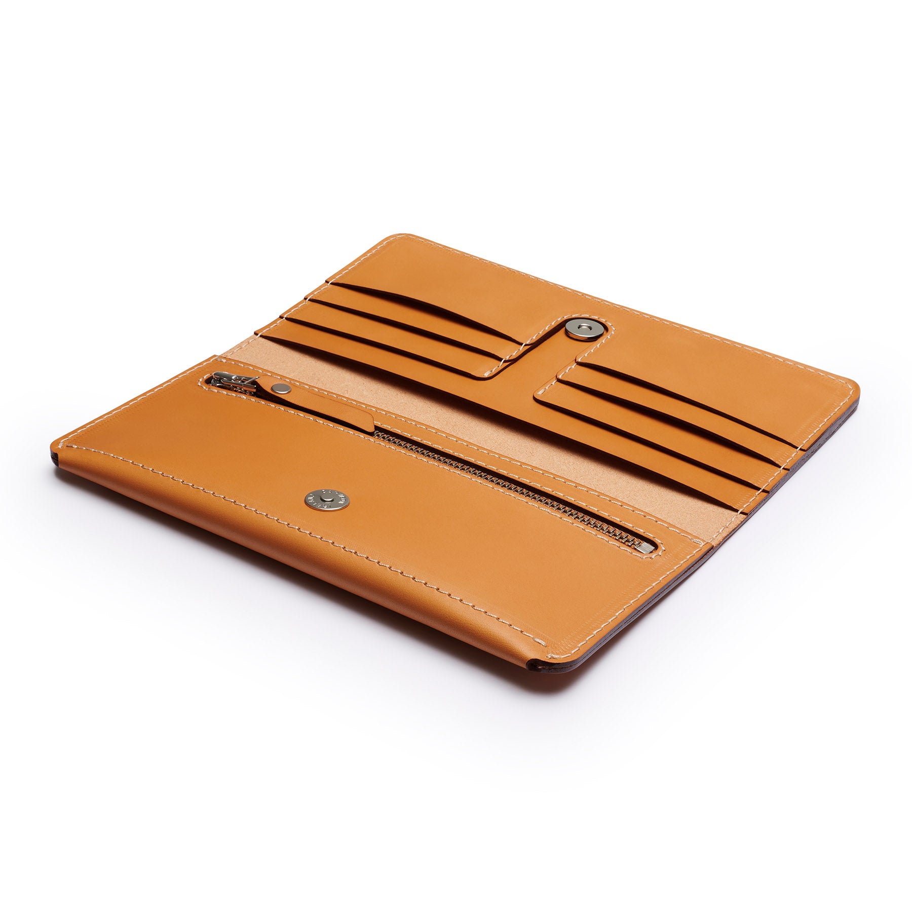 Tan full-grain leather long wallet, flat lay, angled view — personalised — CarveOn, made in Ireland#Color_Tan