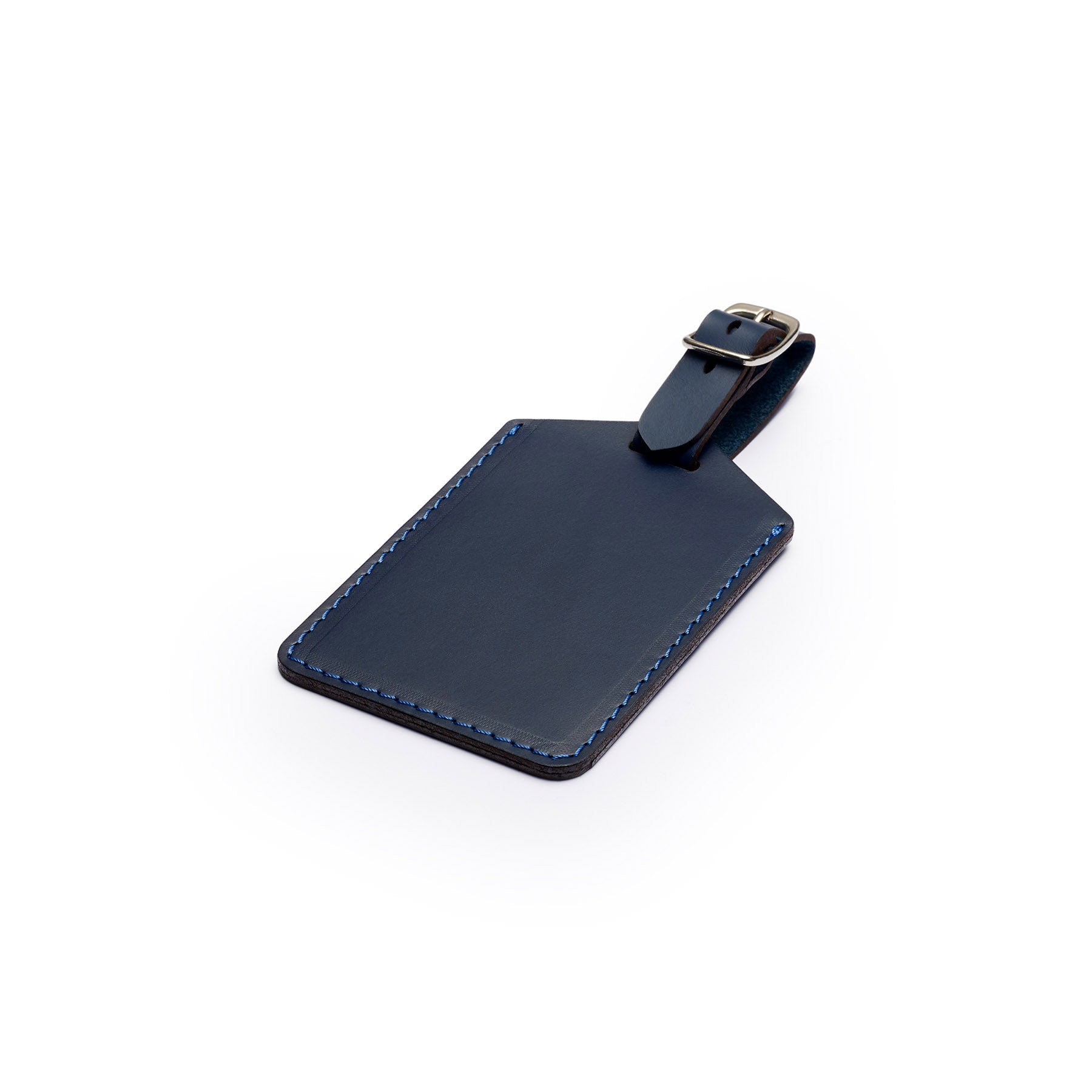 Navy leather golf bag tag, flat lay, angled view — personalised golf gift — CarveOn, handmade in Ireland#Color_Navy