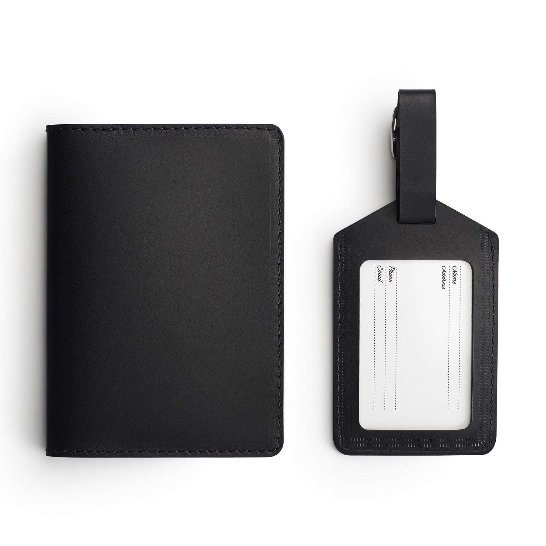 Black leather travel gift set, flat lay — passport holder and luggage tag — CarveOn, made in Ireland#Color_Black
