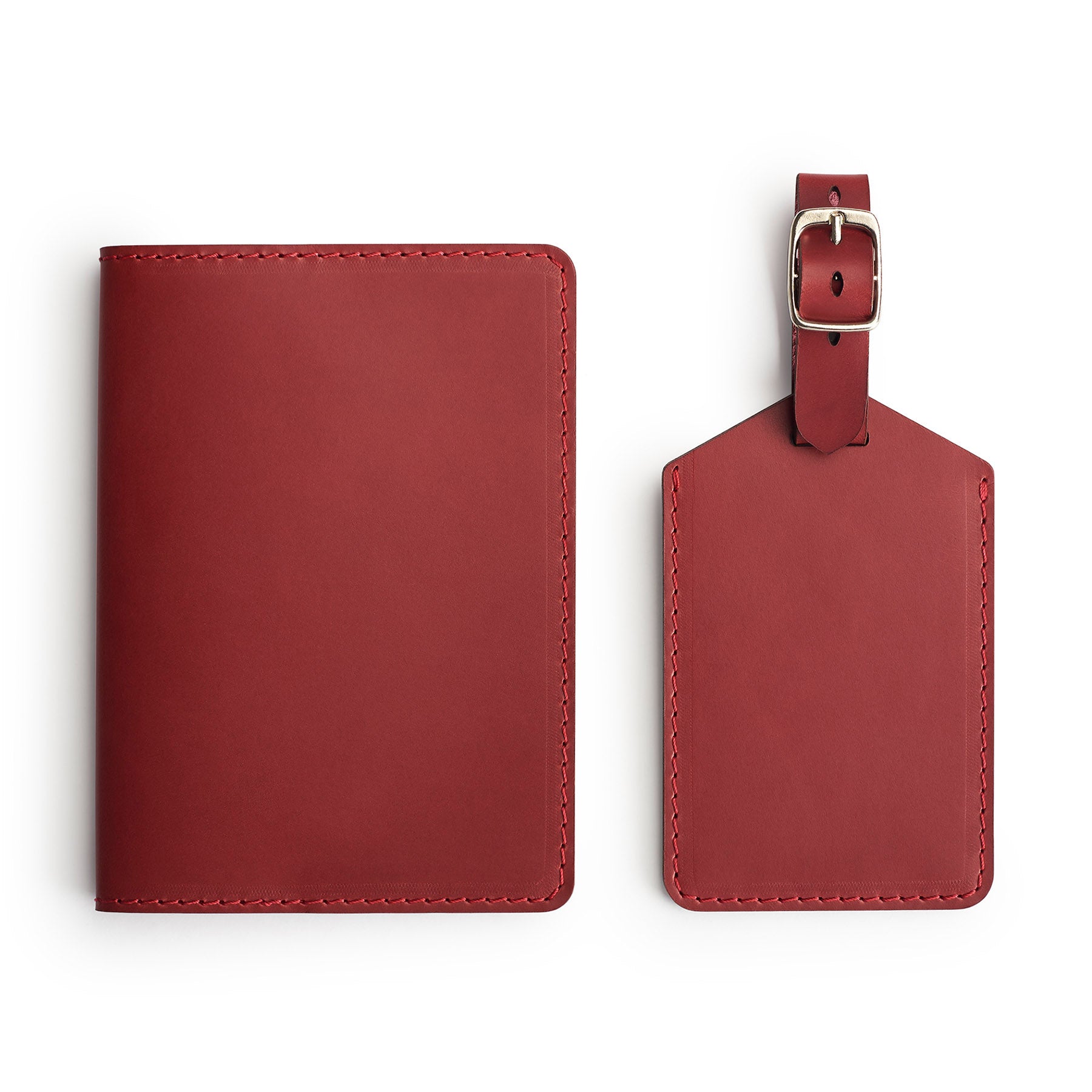 Burgundy leather travel gift set, flat lay — passport holder and luggage tag — CarveOn, made in Ireland#Color_Burgundy