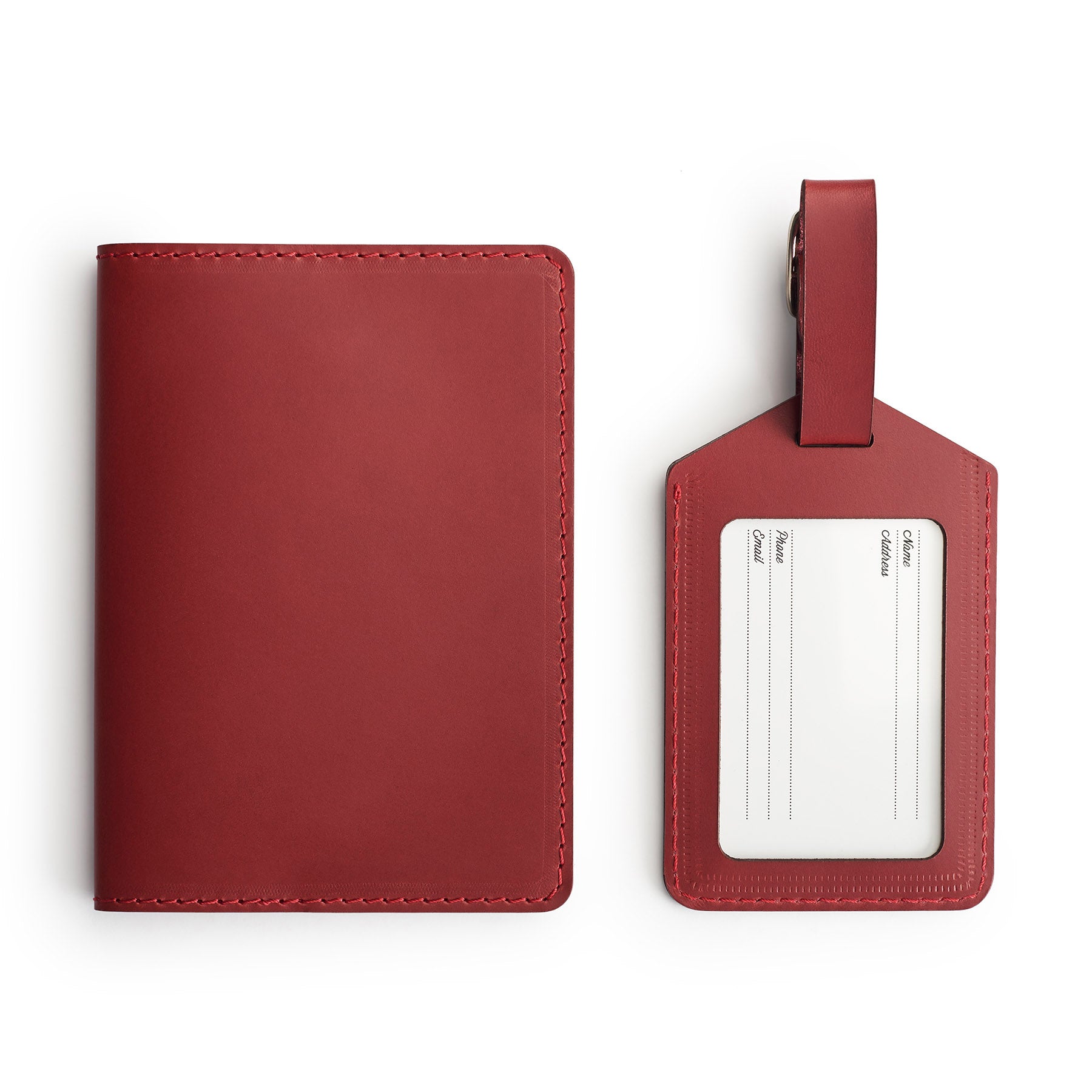Burgundy leather travel gift set, flat lay — passport holder and luggage tag — CarveOn, made in Ireland#Color_Burgundy