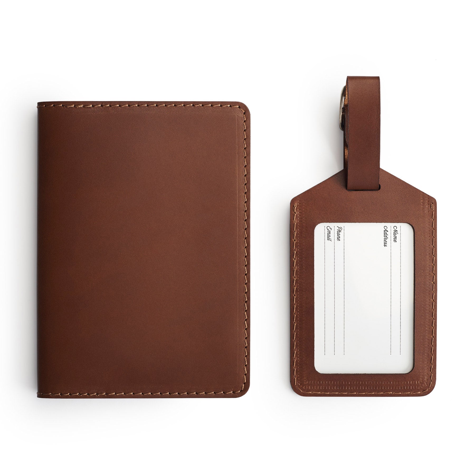 Dark Brown leather travel gift set, flat lay — passport holder and luggage tag — CarveOn, made in Ireland#Color_Dark Brown