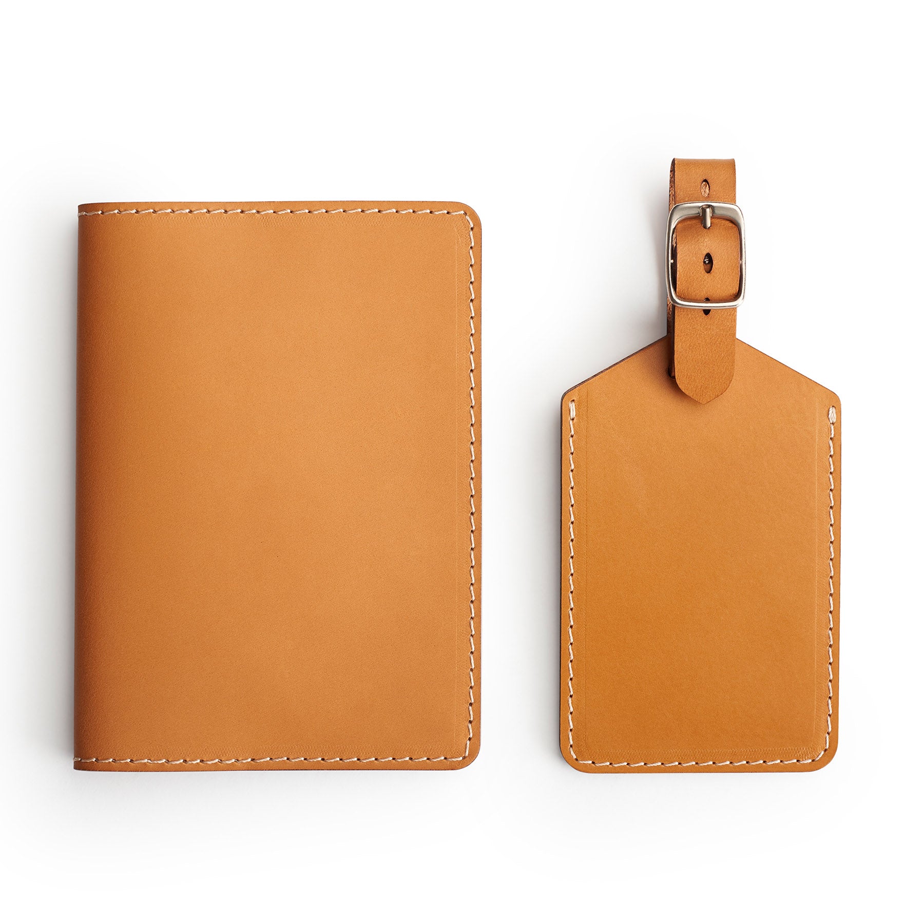 Tan leather travel gift set, flat lay — passport holder and luggage tag — CarveOn, made in Ireland#Color_Tan