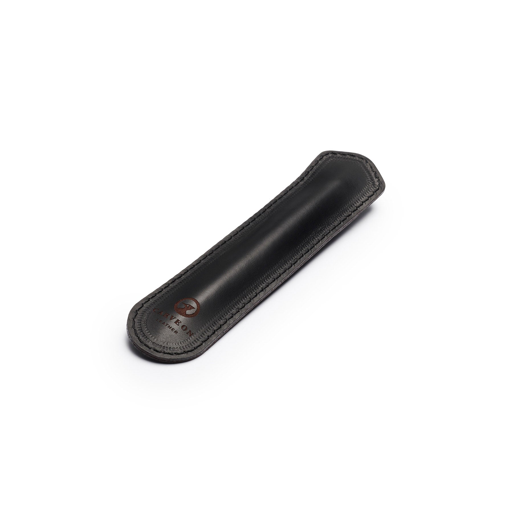 Black leather pen sleeve, flat lay, angled view — personalised gift — CarveOn, made in Ireland#Color_Black