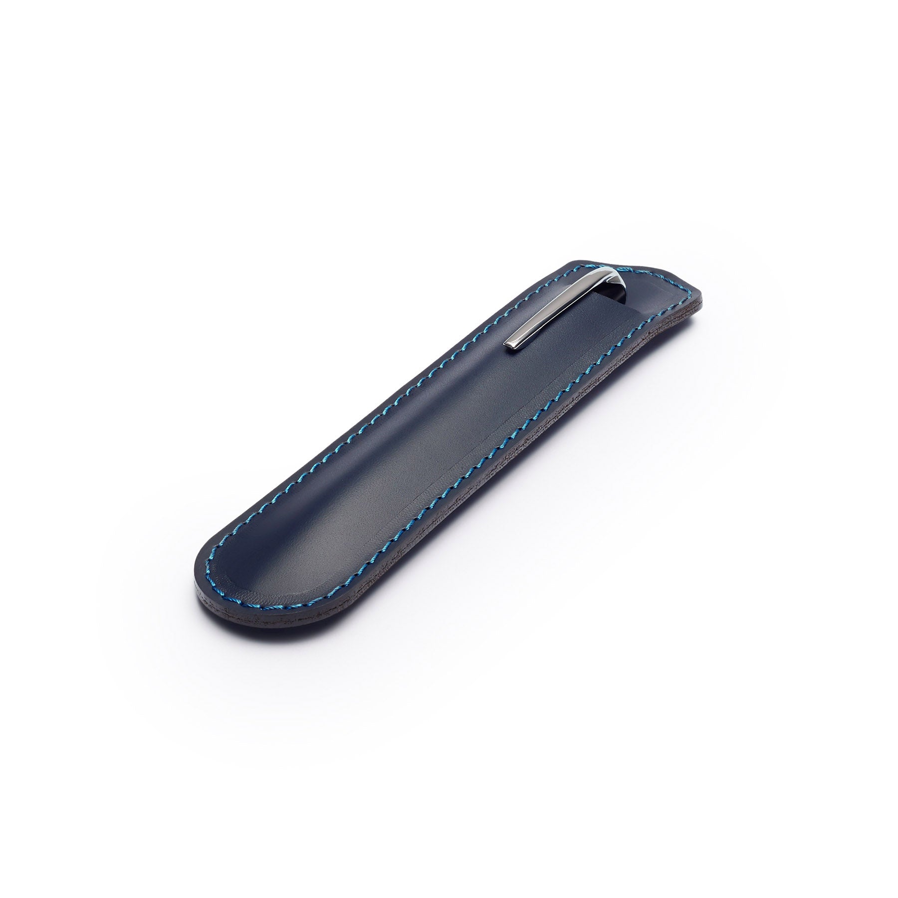 Navy leather pen sleeve, flat lay, angled view — personalised gift — CarveOn, made in Ireland#Color_Navy