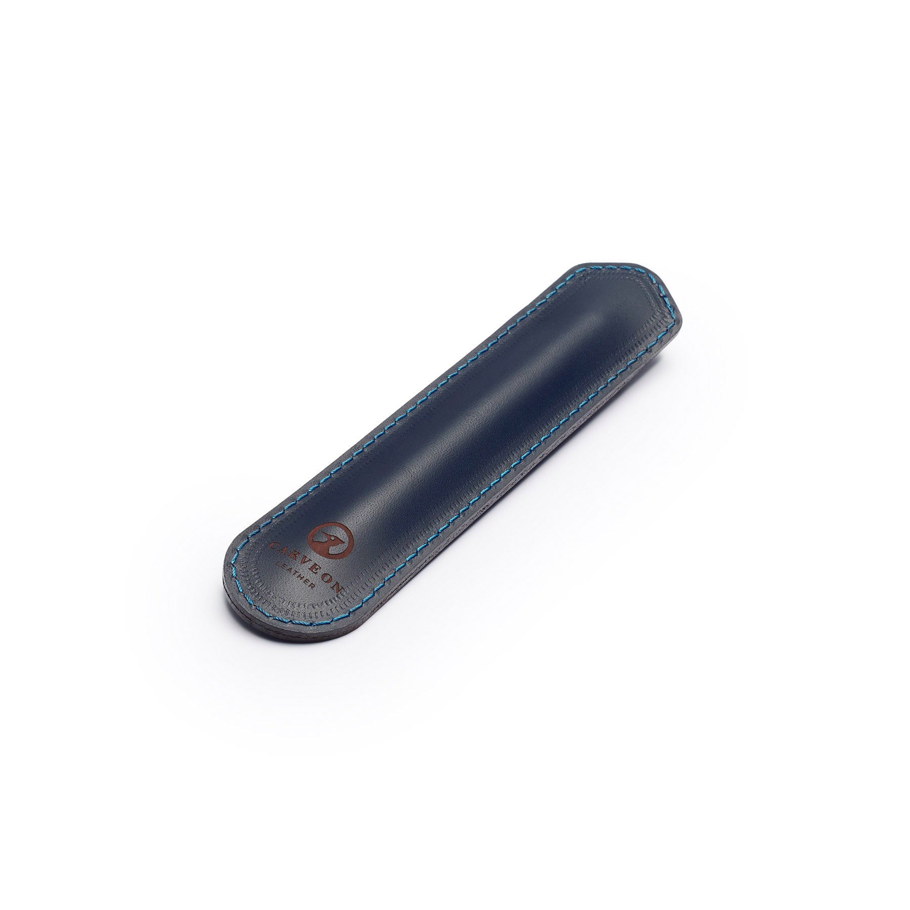Navy leather pen sleeve, flat lay, angled view — personalised gift — CarveOn, made in Ireland#Color_Navy