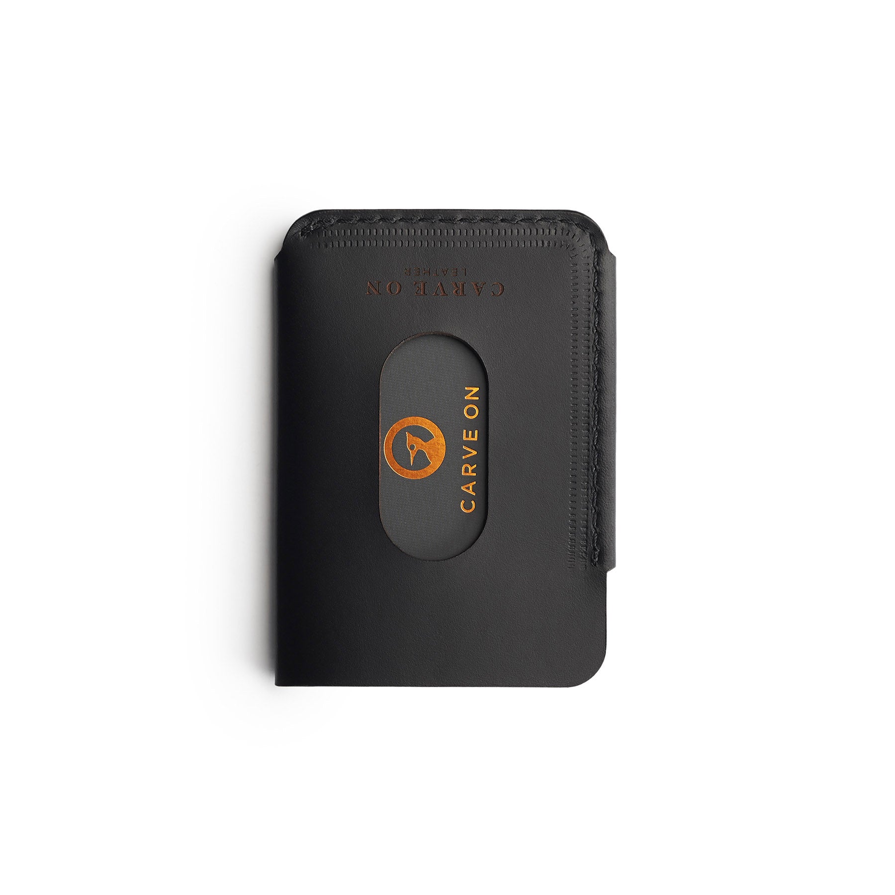 Black full-grain leather quick-draw wallet, flat lay — personalised — CarveOn, made in Ireland#Color_Black