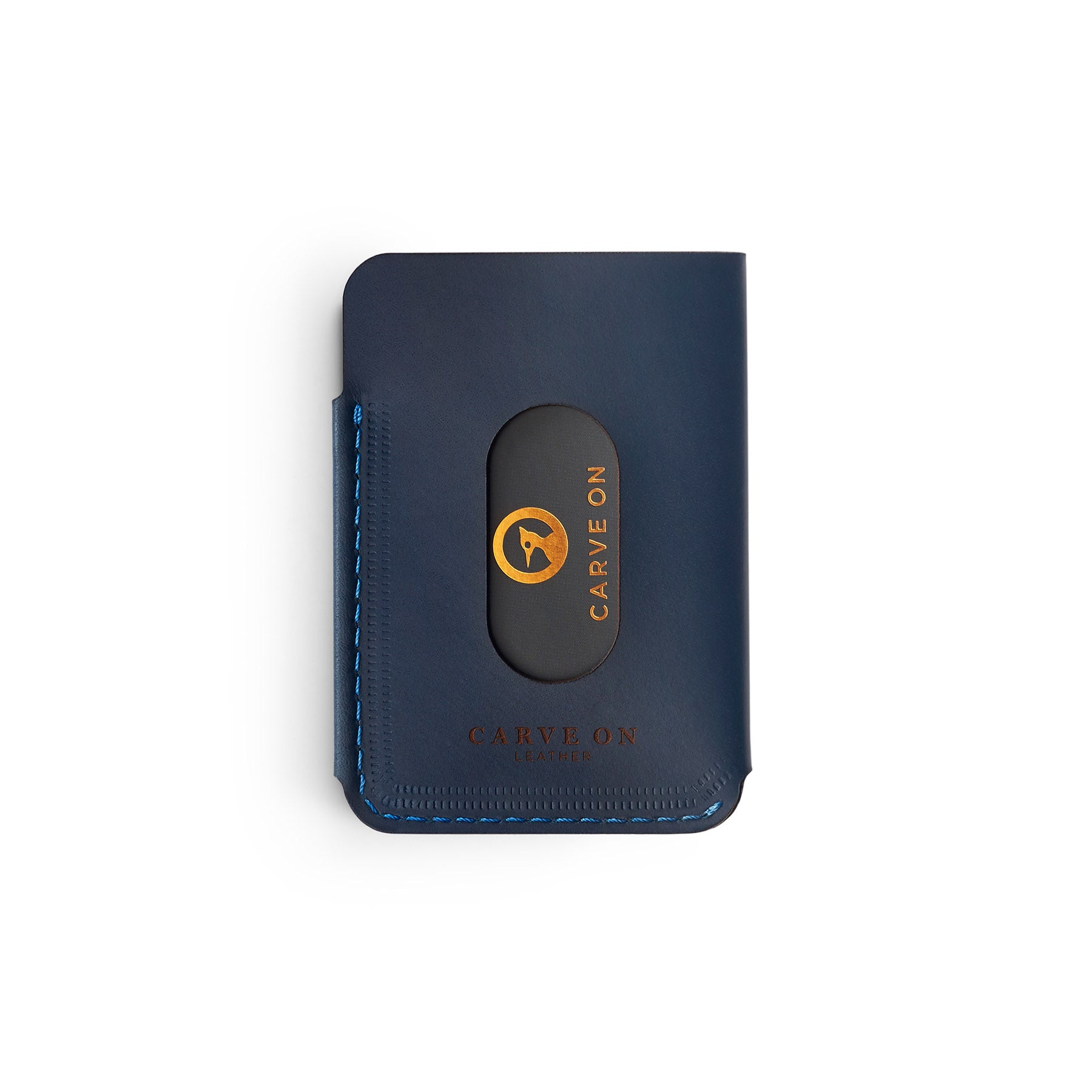 Navy full-grain leather quick-draw wallet, flat lay — personalised — CarveOn, made in Ireland#Color_Navy