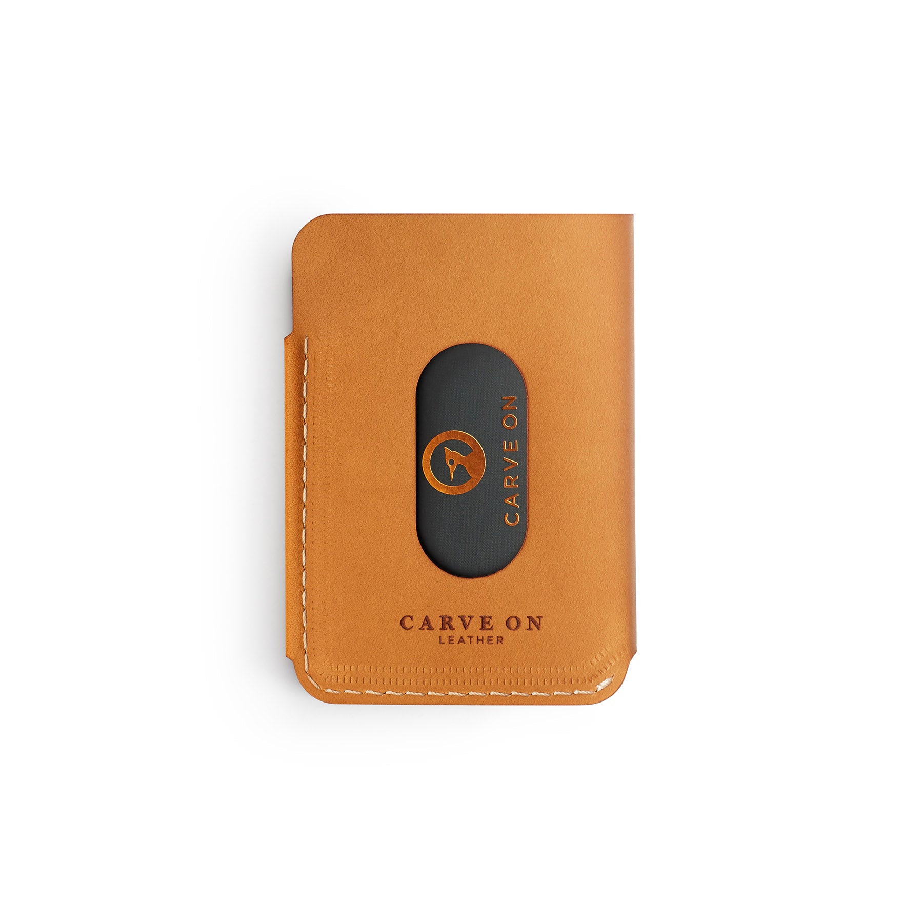 Tan full-grain leather quick-draw wallet, flat lay, angled view — personalised — CarveOn, made in Ireland#Color_Tan