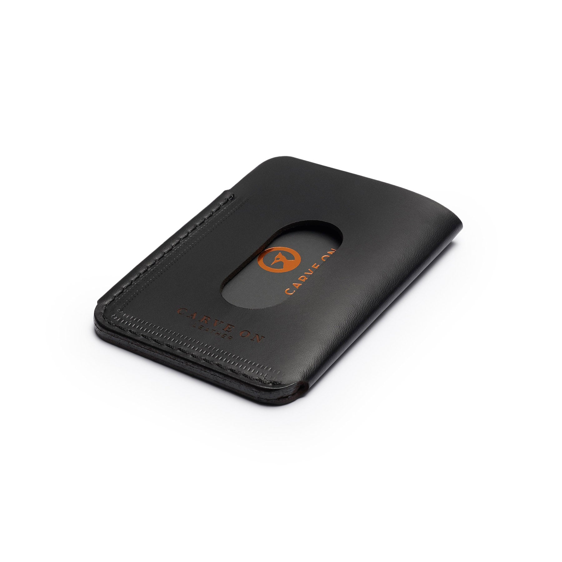 Black full-grain leather quick-draw wallet, flat lay, angled view — personalised — CarveOn, made in Ireland#Color_Black
