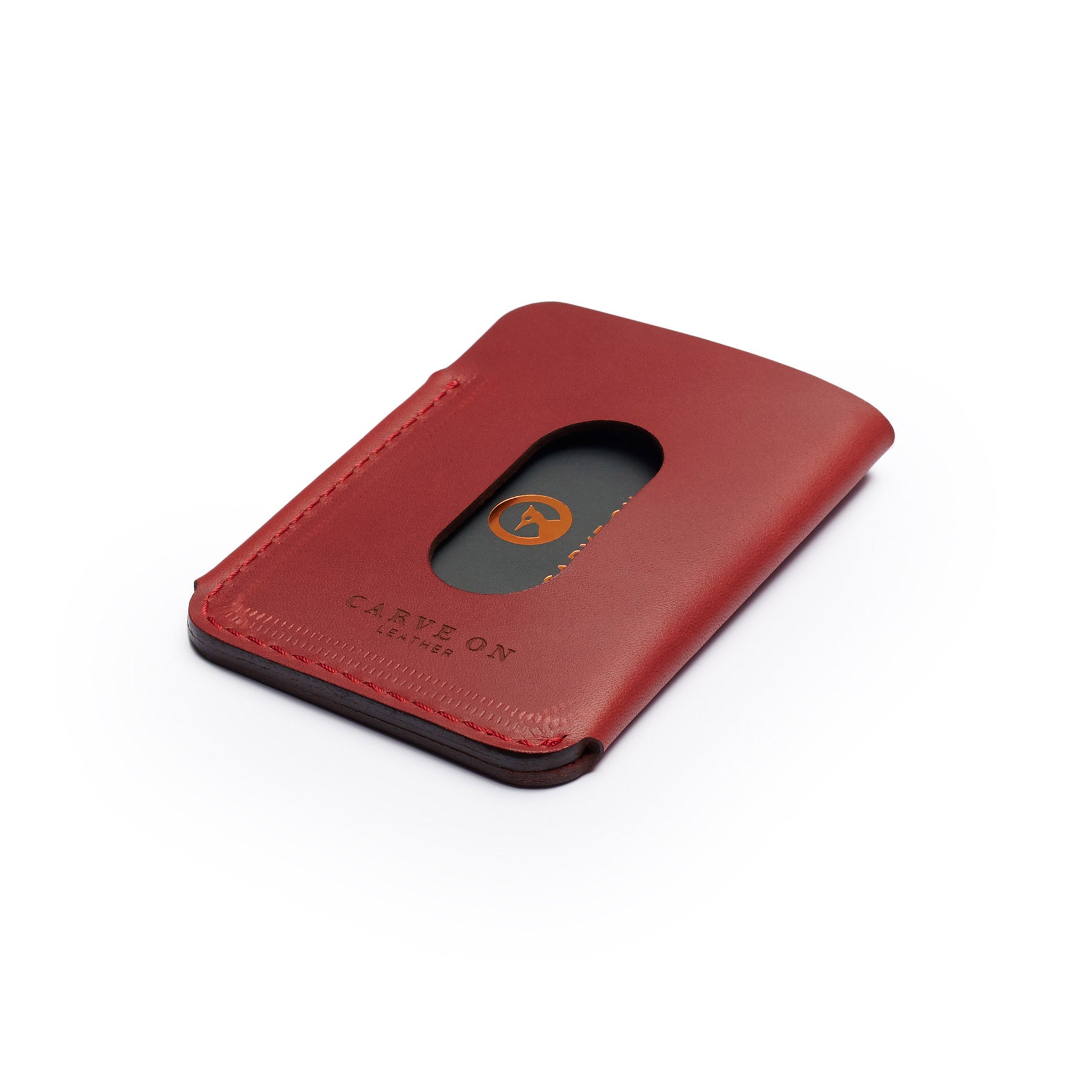 Burgundy full-grain leather quick-draw wallet, flat lay, angled view — personalised — CarveOn, made in Ireland#Color_Burgundy