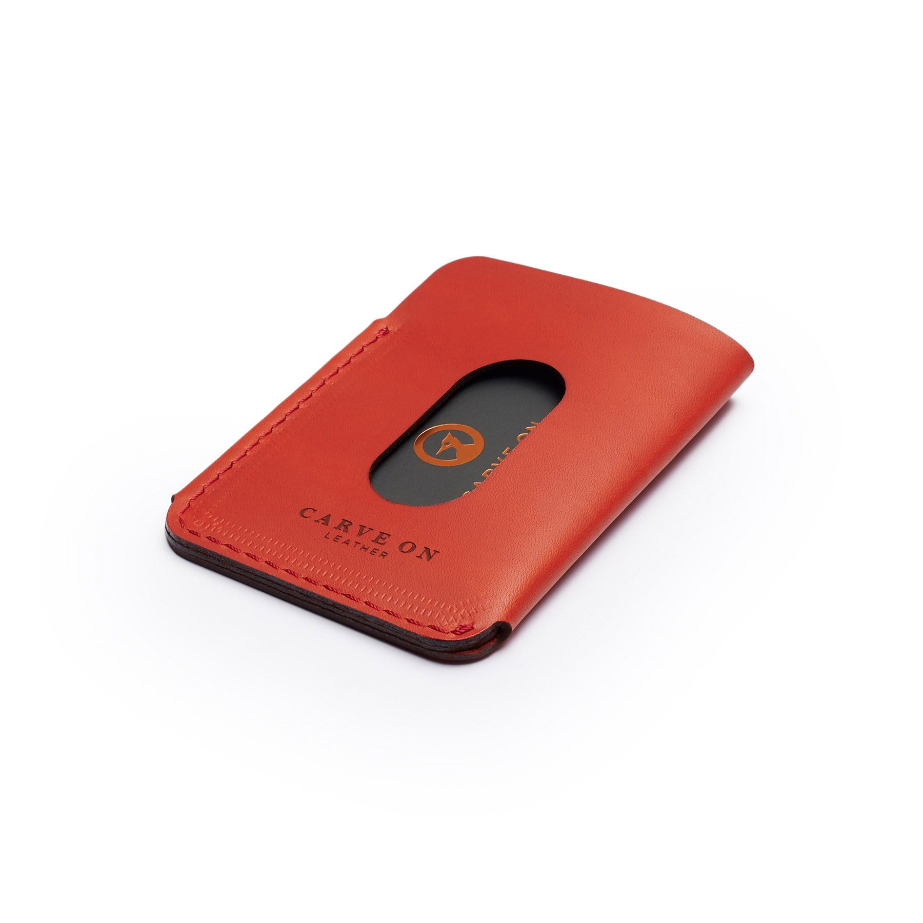 Red full-grain leather quick-draw wallet, flat lay, angled view — personalised — CarveOn, made in Ireland#Color_Red