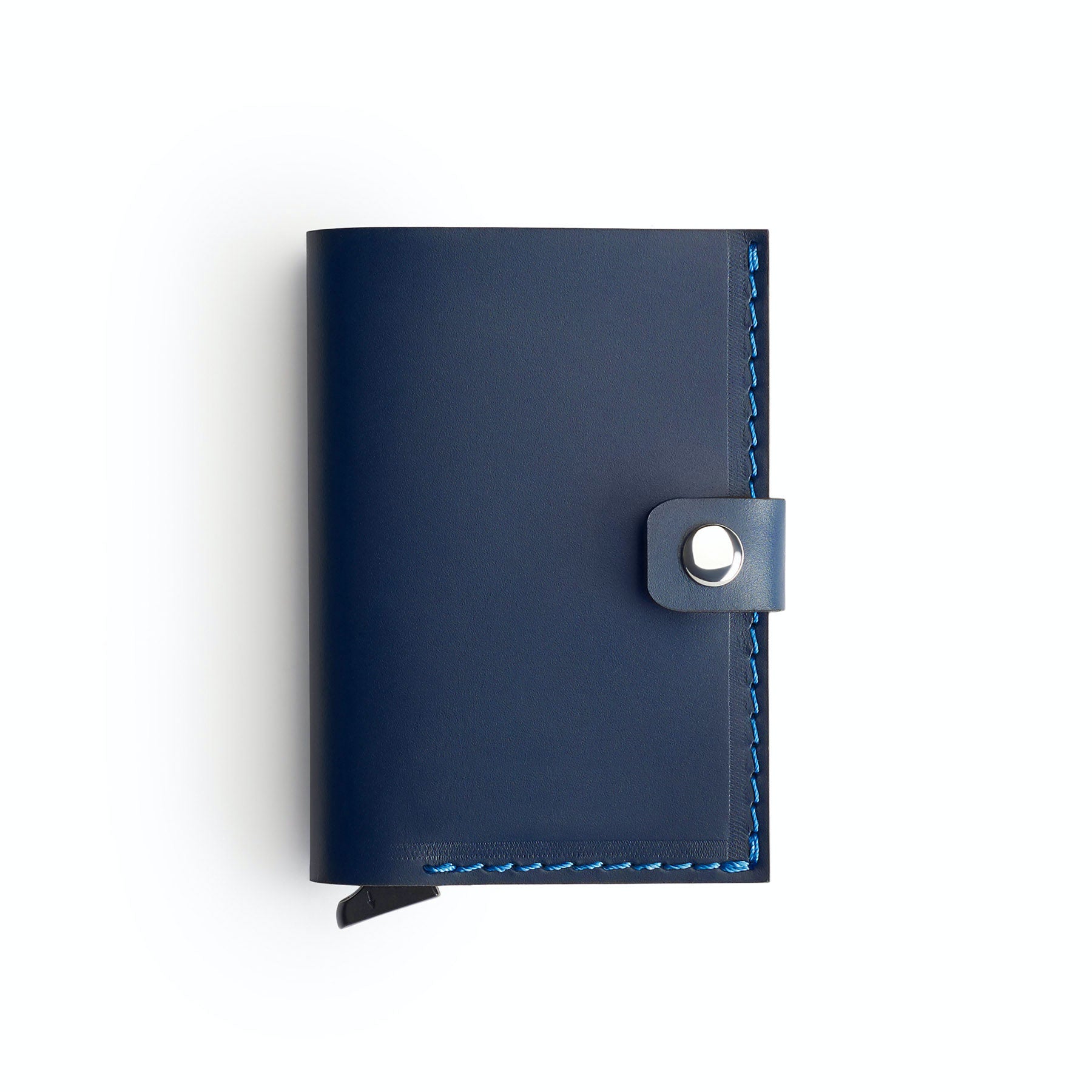 Navy full-grain leather RFID wallet, flat lay — personalised — CarveOn, made in Ireland#Color_Navy