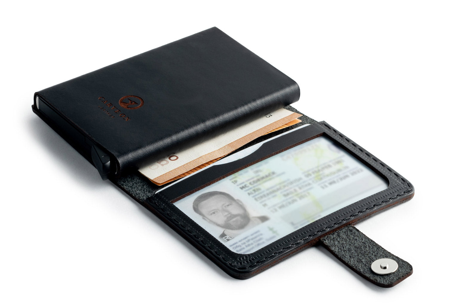 Black full-grain leather RFID wallet, open showing interior — personalised — CarveOn, made in Ireland#Color_Black