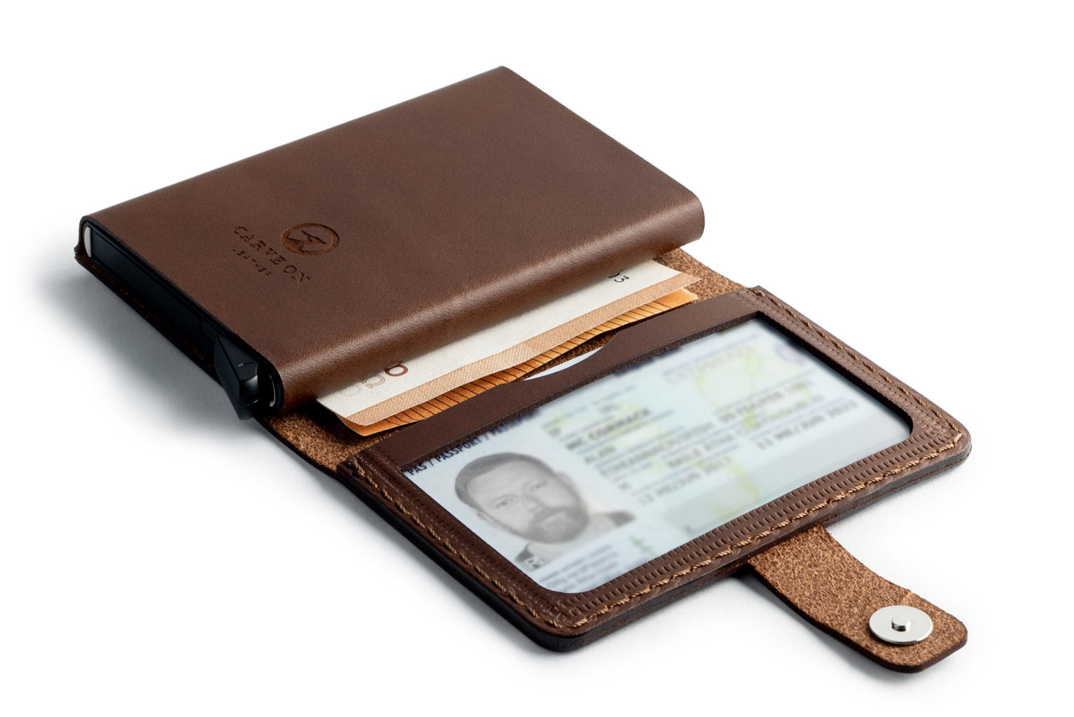 Dark Brown full-grain leather RFID wallet, open showing interior — personalised — CarveOn, made in Ireland#Color_Dark Brown