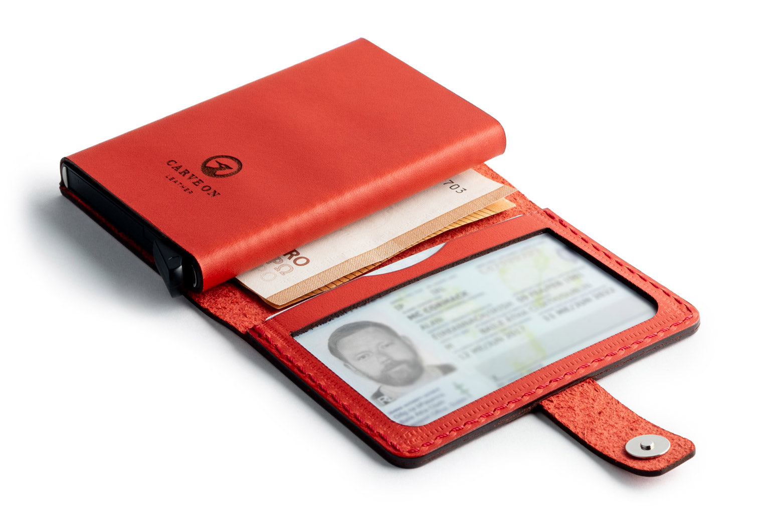 Red full-grain leather RFID wallet, open showing interior — personalised — CarveOn, made in Ireland#Color_Red