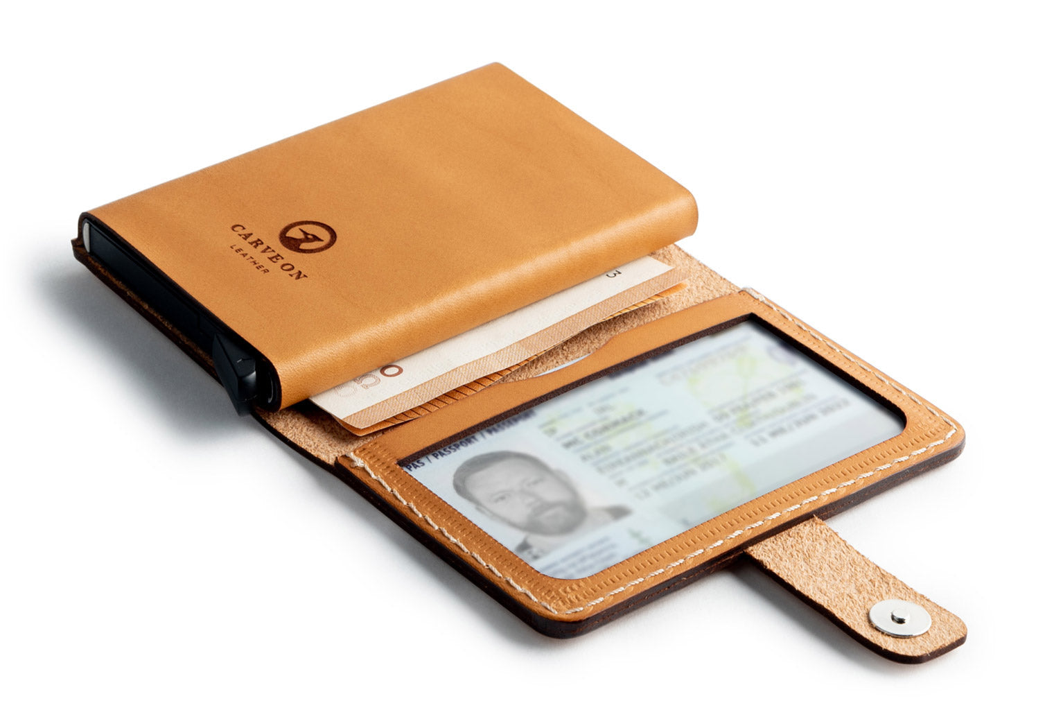 Tan full-grain leather RFID wallet, open showing interior — personalised — CarveOn, made in Ireland#Color_Tan