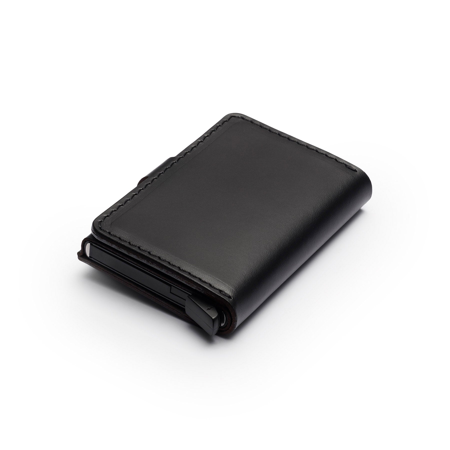 Black full-grain leather RFID wallet, flat lay, angled view — personalised — CarveOn, made in Ireland#Color_Black