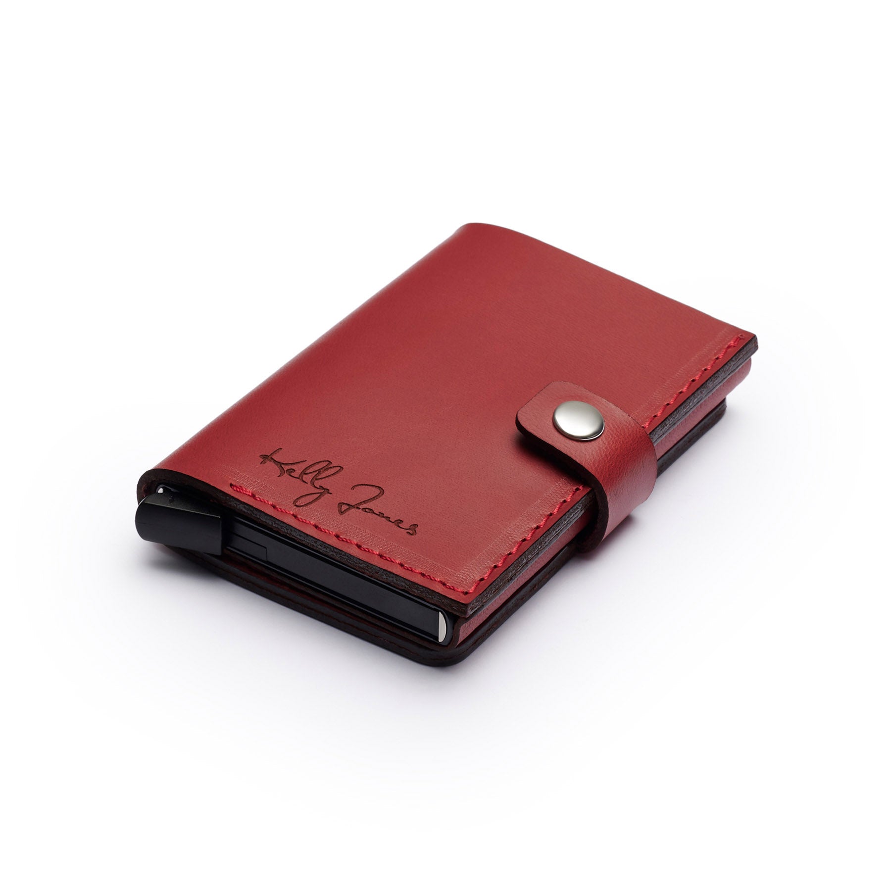 Burgundy full-grain leather RFID wallet, flat lay, angled view — personalised — CarveOn, made in Ireland#Color_Burgundy