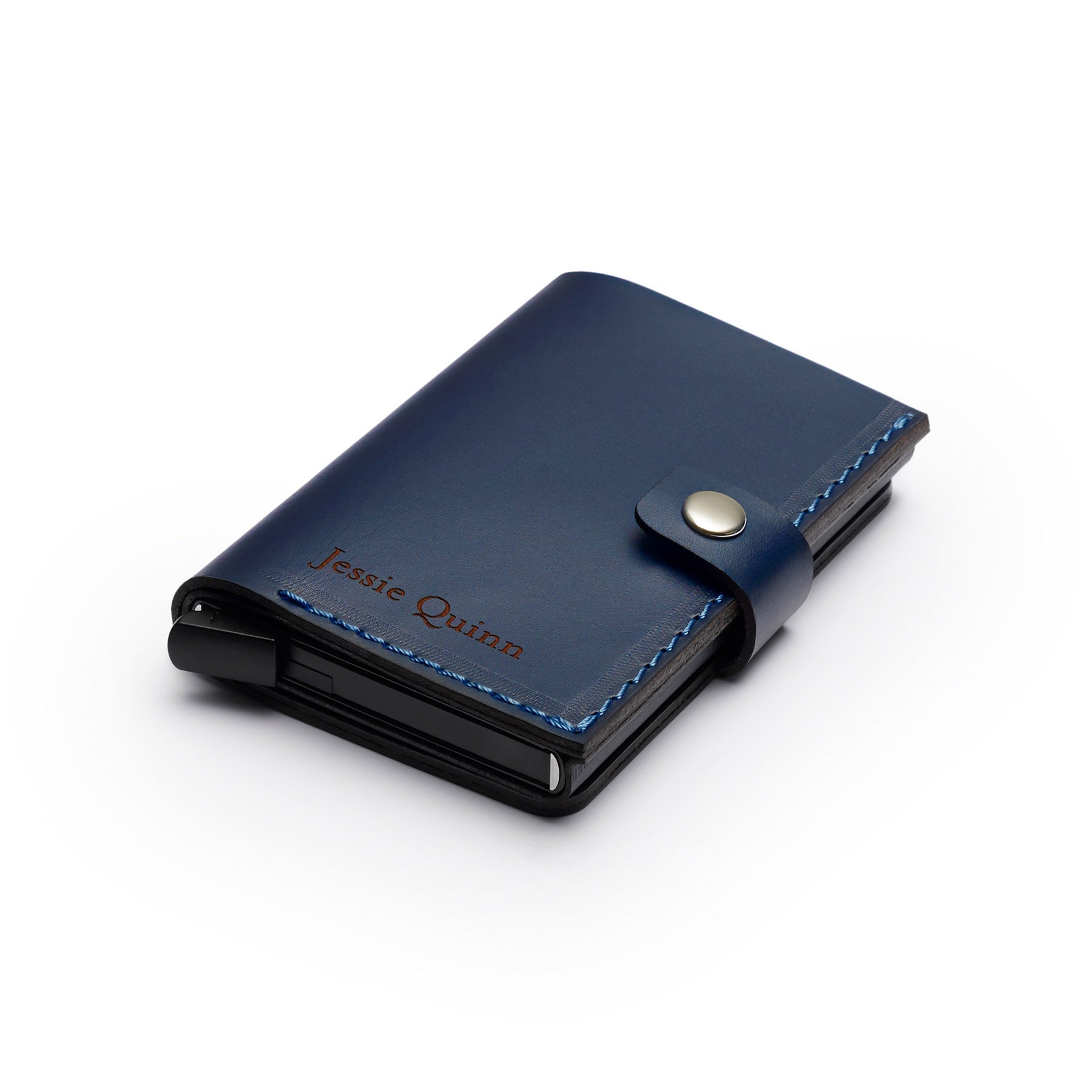 Navy full-grain leather RFID wallet, flat lay, angled view — personalised — CarveOn, made in Ireland#Color_Navy